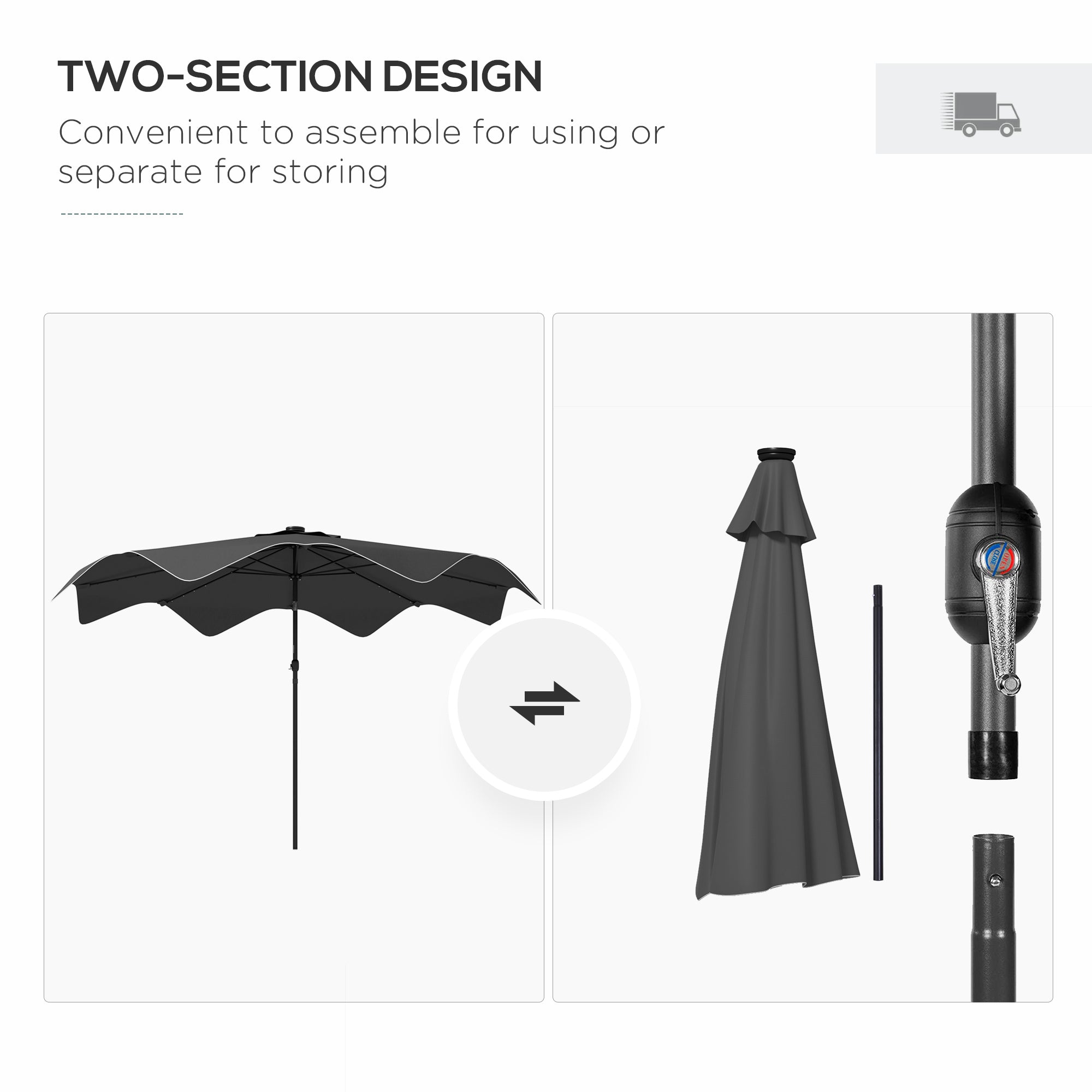 Solar Patio Umbrella with LED and Tilt, Outdoor Market Table Umbrella Parasol with Crank, 3 x 3 (m), Dark Grey