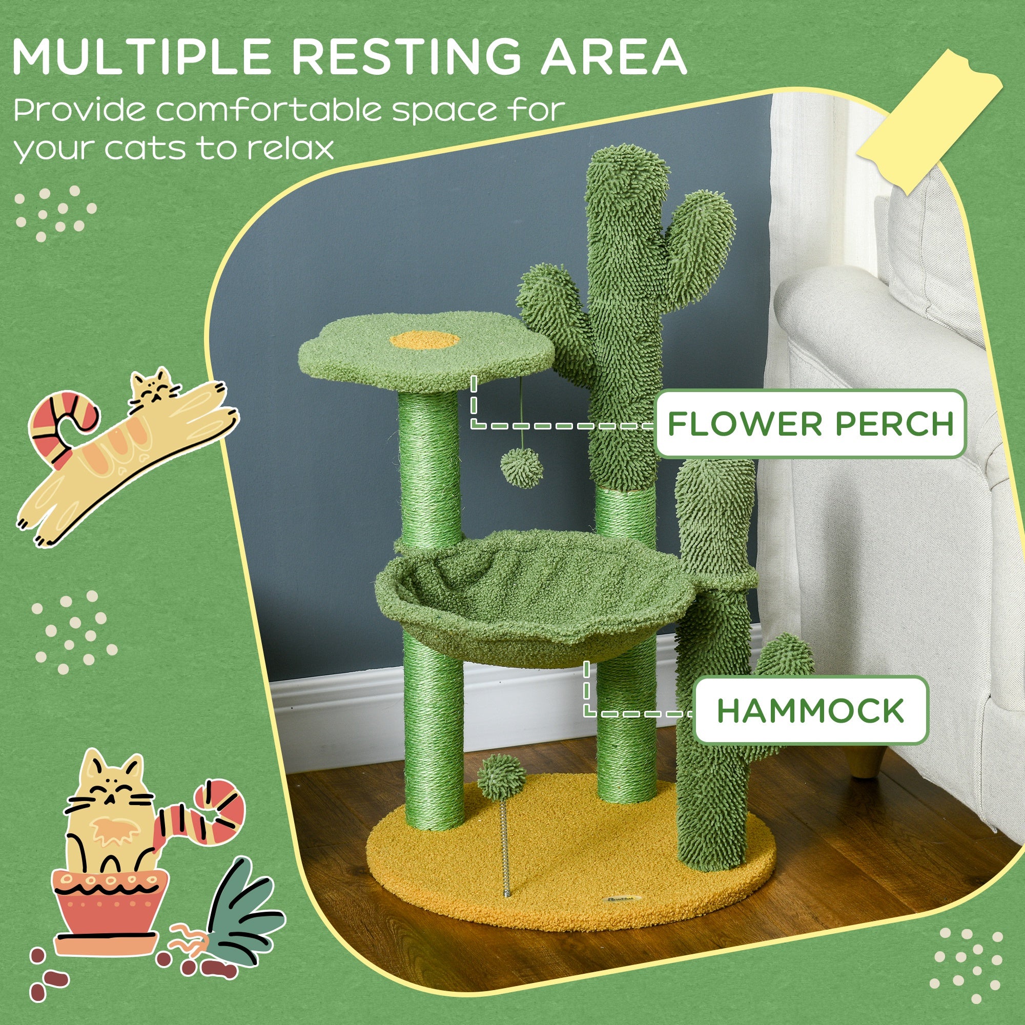 82cm Chenille Cactus Cat Tree with Scratching Post, Hammock, Green