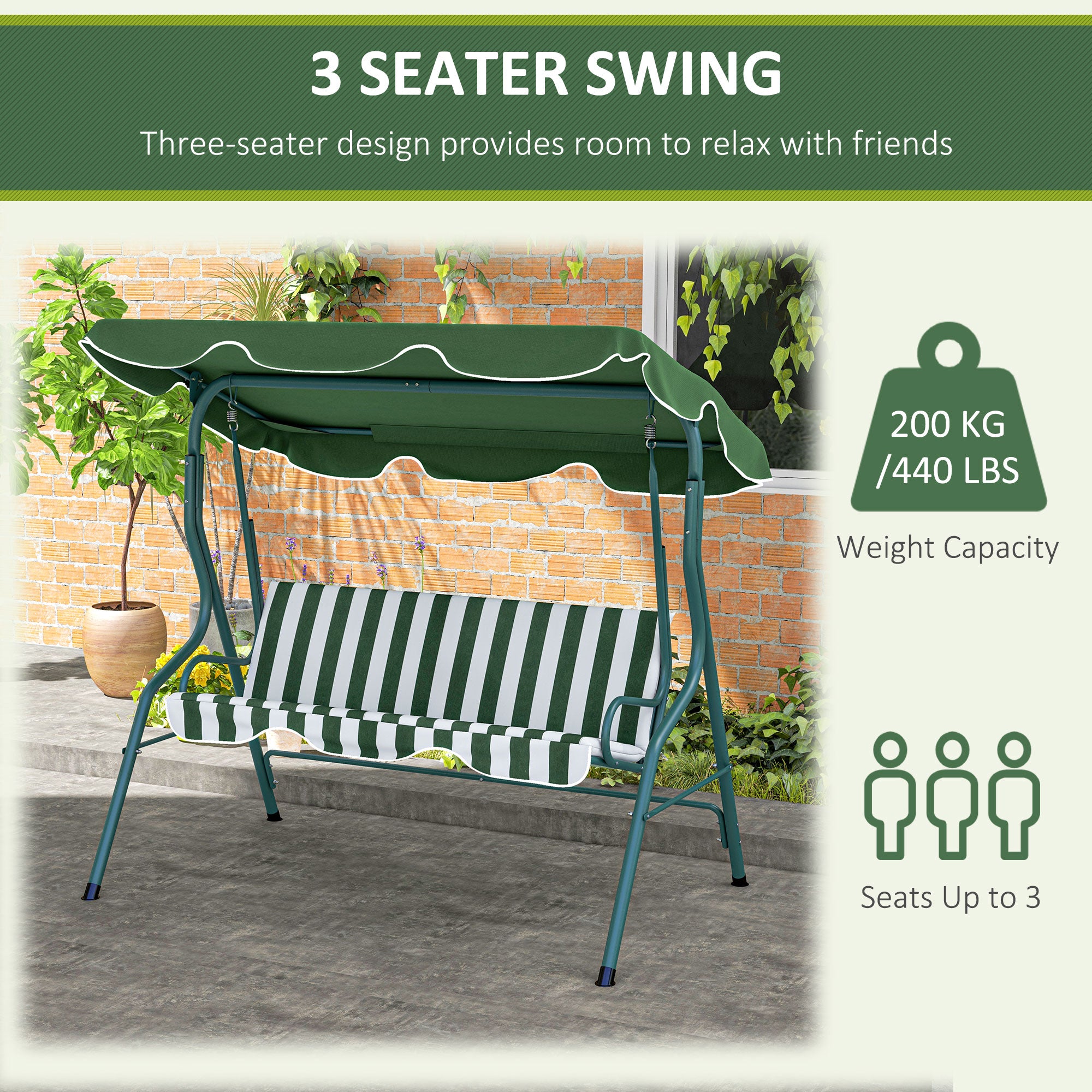 3 Seater Garden Swing Seat Chair with Adjustable Canopy and Metal Frame - Green Stripes