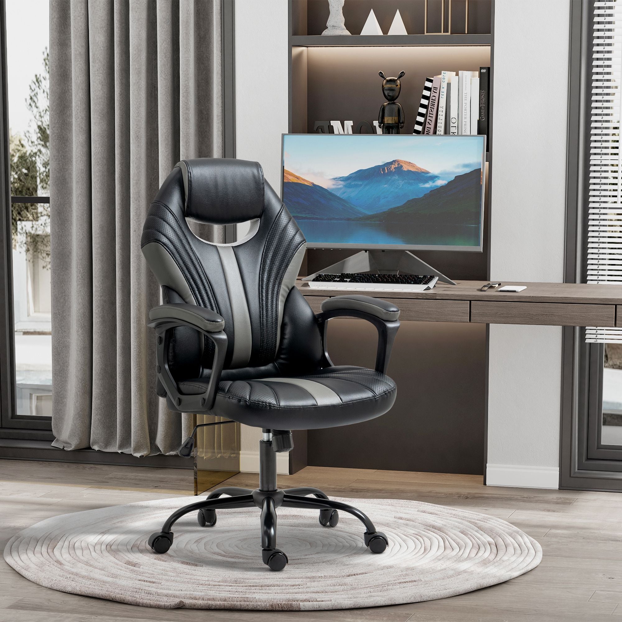 Racing Gaming Chair, Home Office Computer Desk Chair, Faux Leather Gamer Chair with Swivel Wheels, Black Grey