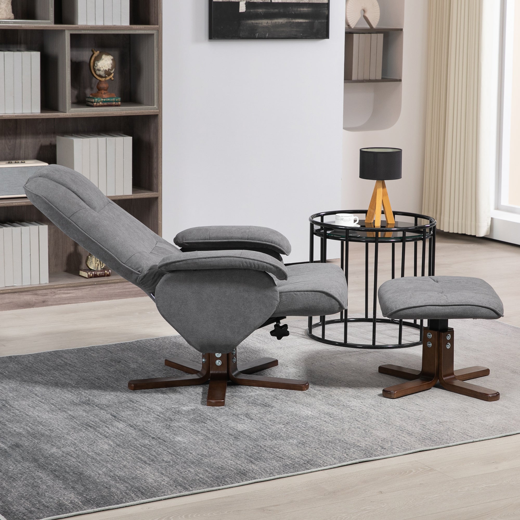 Linen Swivel Recliner Armchair with Footstool and Wooden Base - Grey