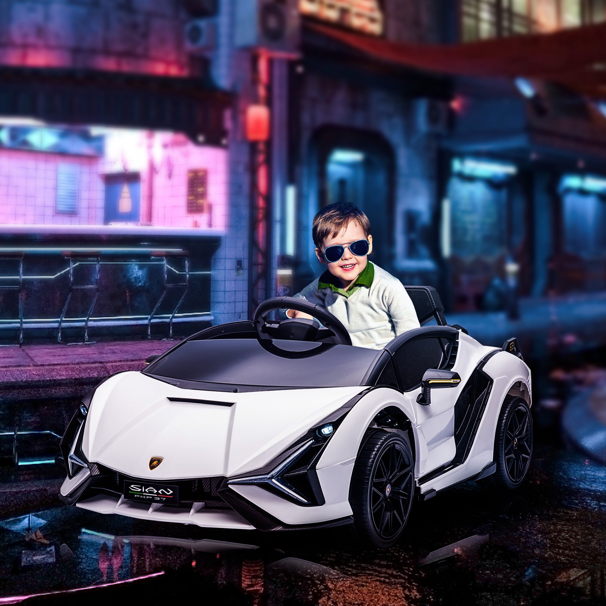 Compatible 12V Battery-powered Kids Electric Ride On Car Lamborghini SIAN Toy with Parental Remote Control Lights MP3 for 3-5 Years Old White