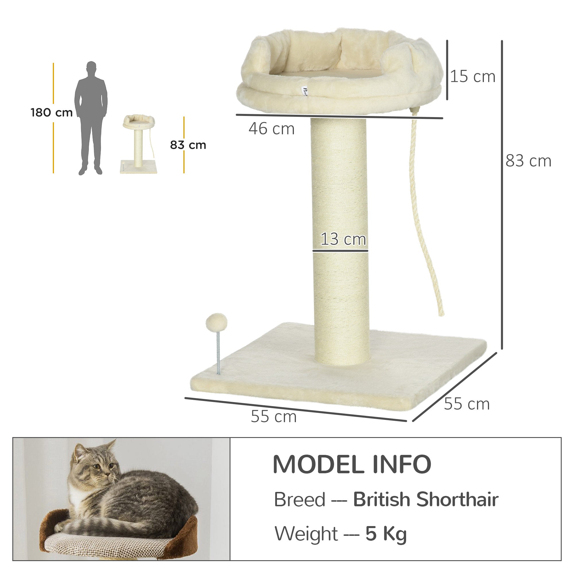 Cat Tree, with Sisal Wrapped Scratching Post - Cream