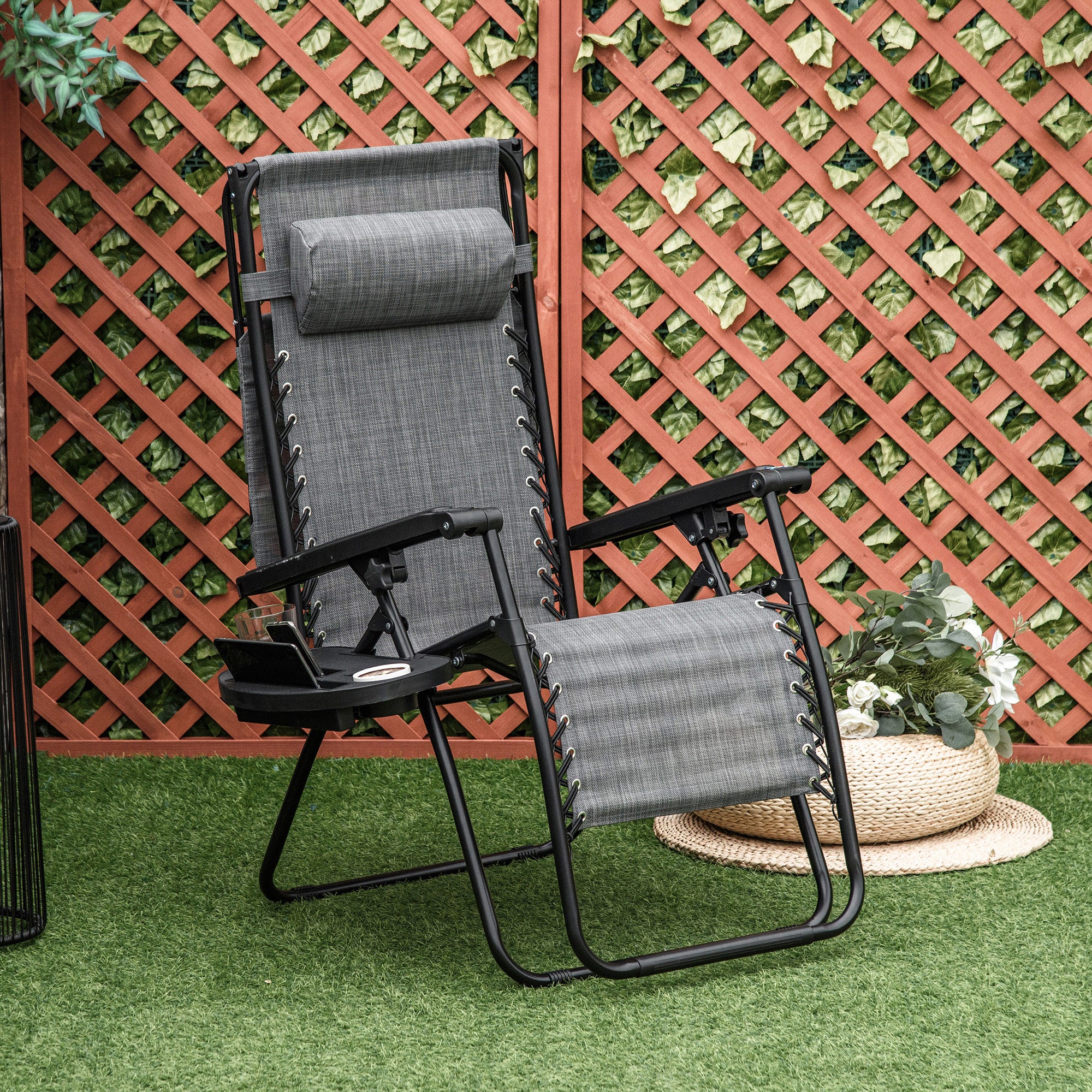 Zero Gravity Garden Deck Folding Chair Patio Sun Lounger Reclining Seat with Cup Holder & Canopy Shade - Grey