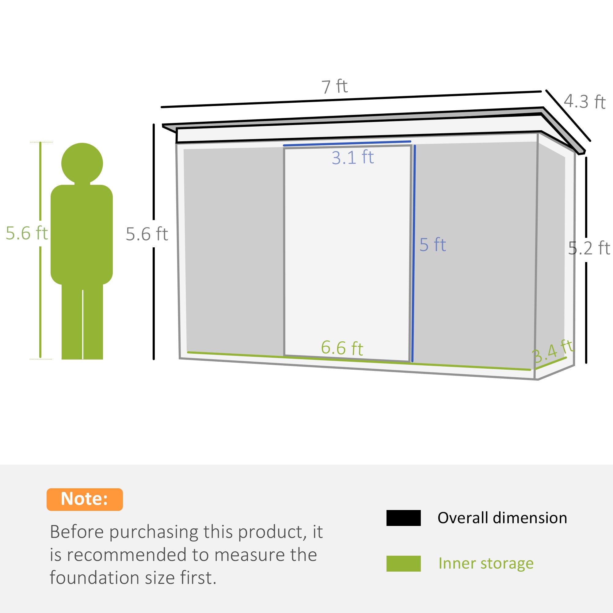 Pend Garden Storage Shed w/ Foundation Double Door Ventilation Window Sloped Roof Outdoor Equipment Tool Storage 213 x 130 x 173 cm