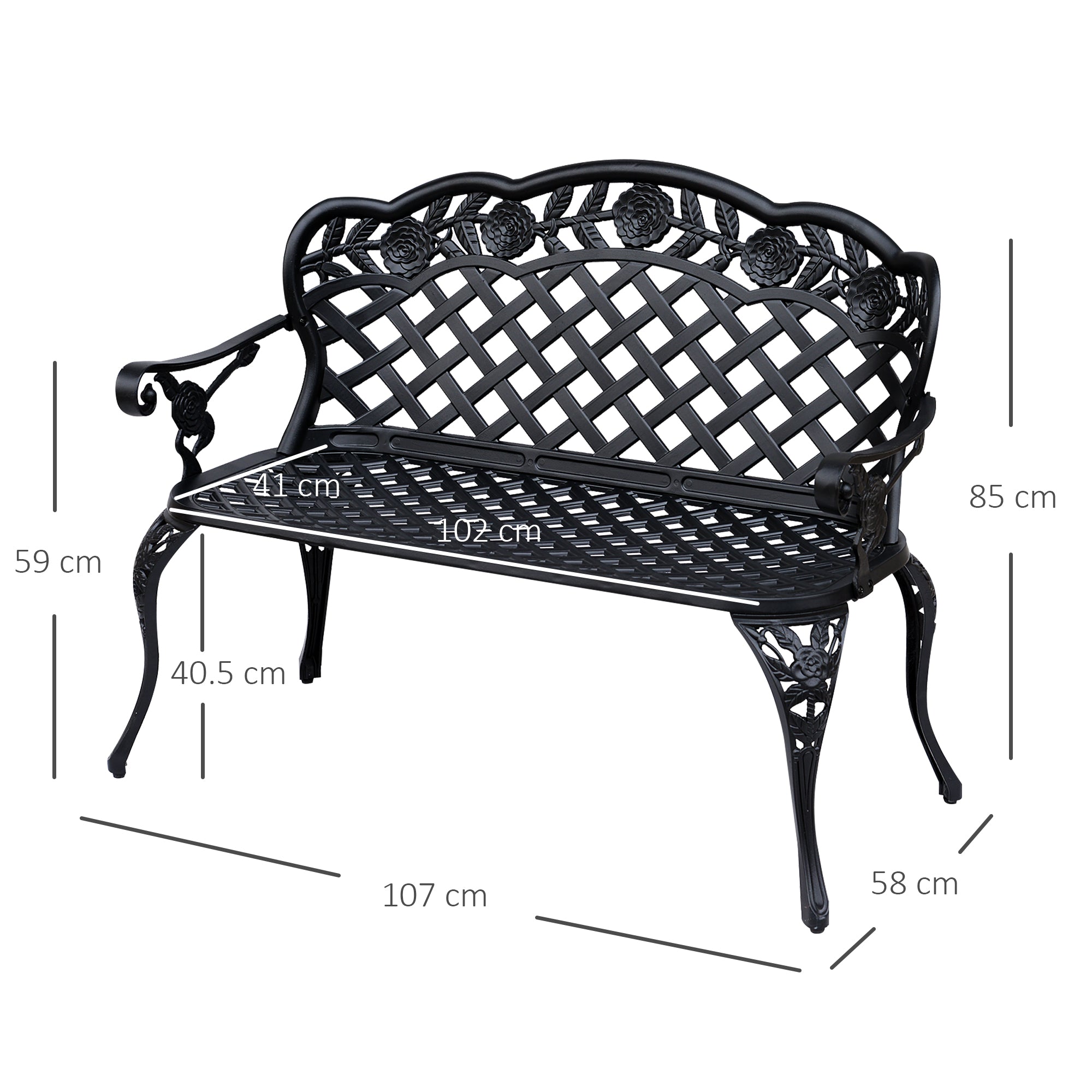 Cast Aluminium Garden Bench Outdoor Patio 2 Seater High Back Chair Armrest Antique Style Black