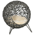 Rattan Elevated Ball-Shaped Cat Bed with Removable Cushion - Silver-Tone and Grey