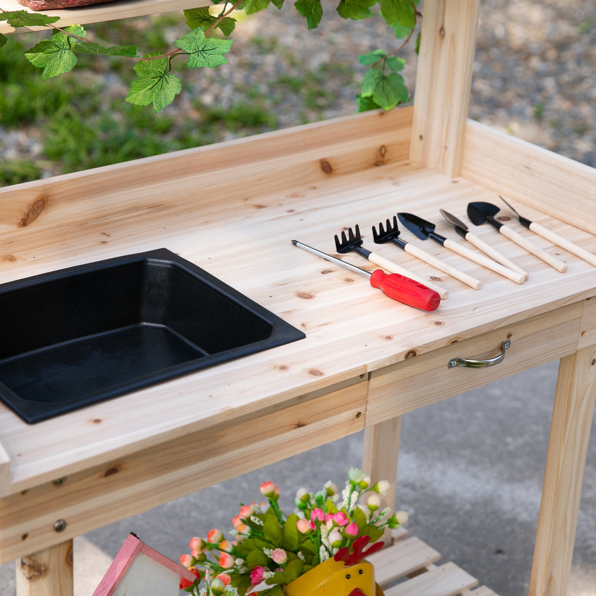 Garden Potting Bench Table, Wooden Work Station, Outdoor Planting Workbench with 2 Wheels, Sink, Drawer & Large Storage Spaces, 92x45x119cm