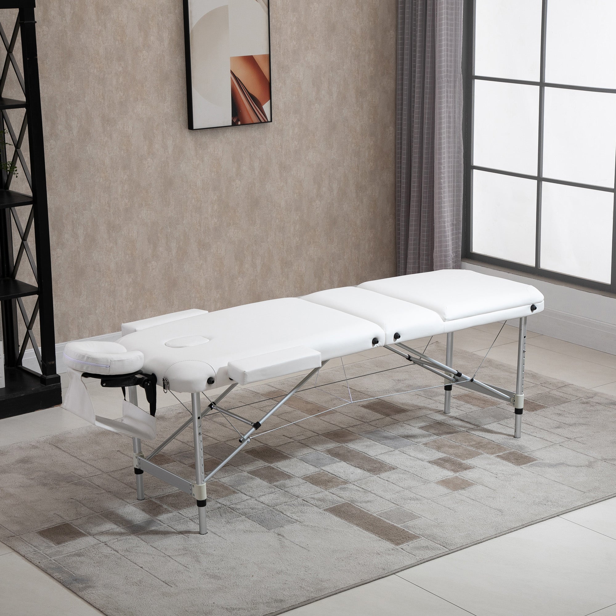 Folding PVC Leather Massage Table Aluminium Frame w/ Headrest Armrests Padding Handle Carry Bag Adjustable Height 3-Way Tri-Fold White