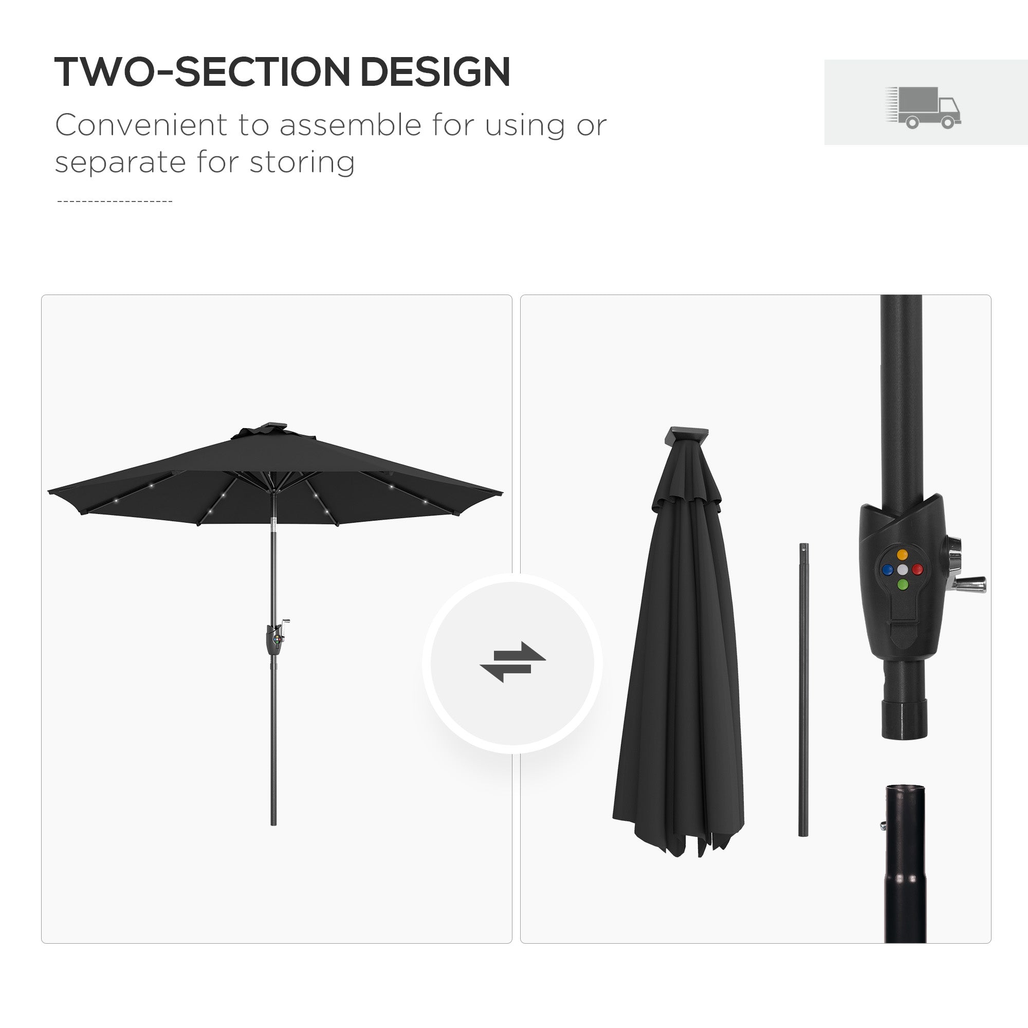 2.7m Garden Parasol Solar Outdoor Tilt Sun Umbrella Patio Sun Shade w/ 24 LED Light, Hand Crank and 8 Ribs, Black