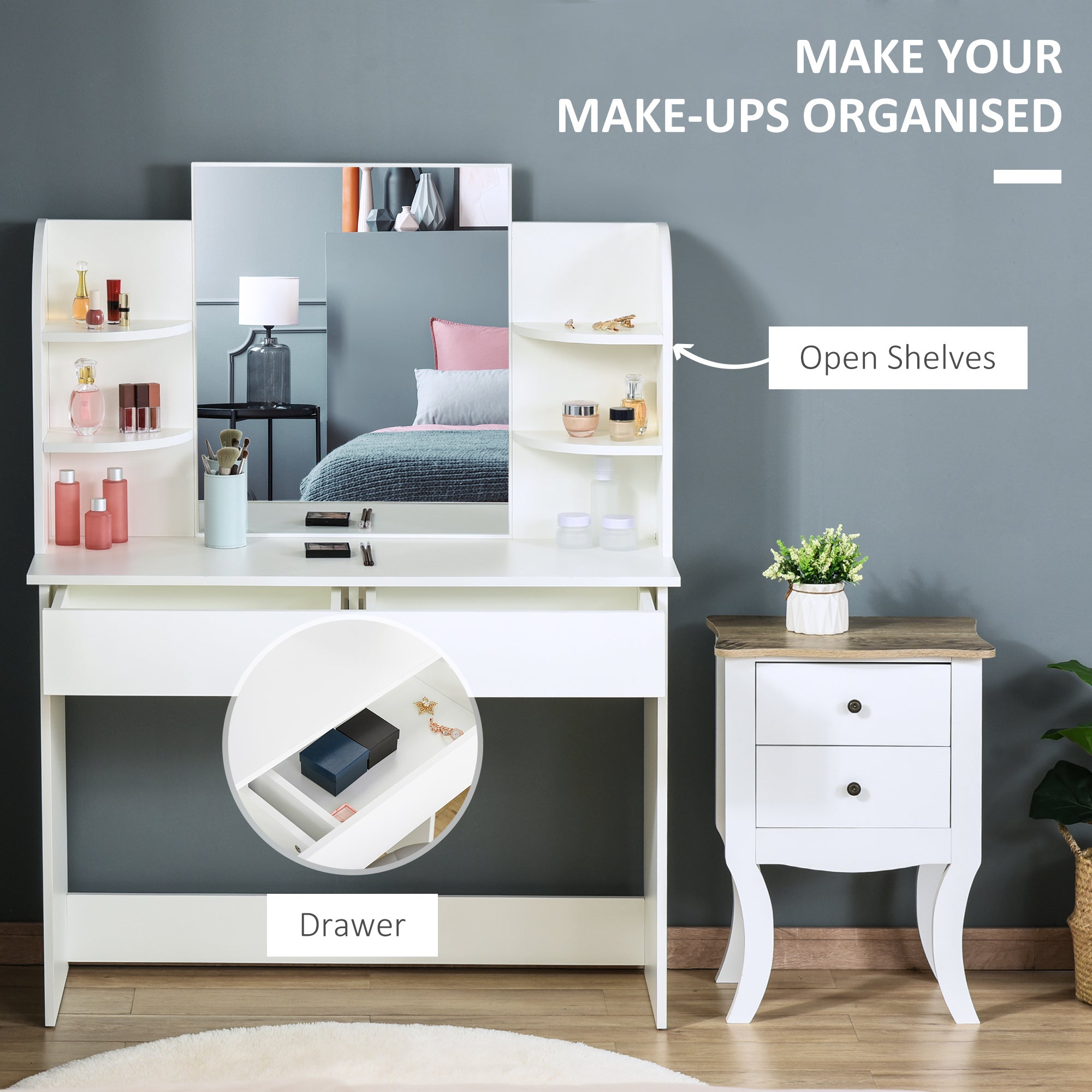 Modern Dressing Table Writing Desk W/ Mirror, Big Drawers, 2-Tier Open Shelf For Home Bedroom White