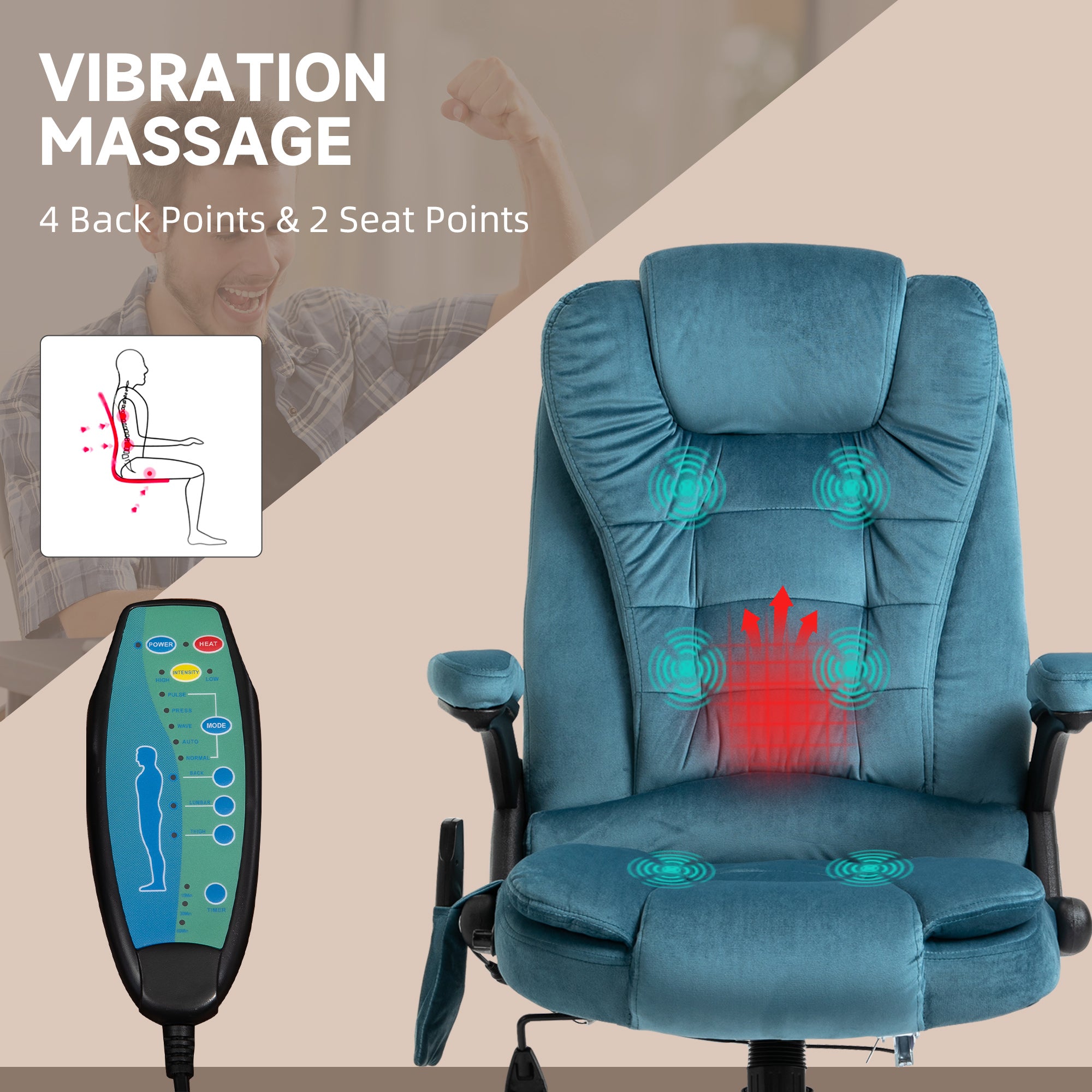 Massage Recliner Chair Heated Office Chair with Six Massage Points Velvet-Feel Fabric 360° Swivel Wheels Blue