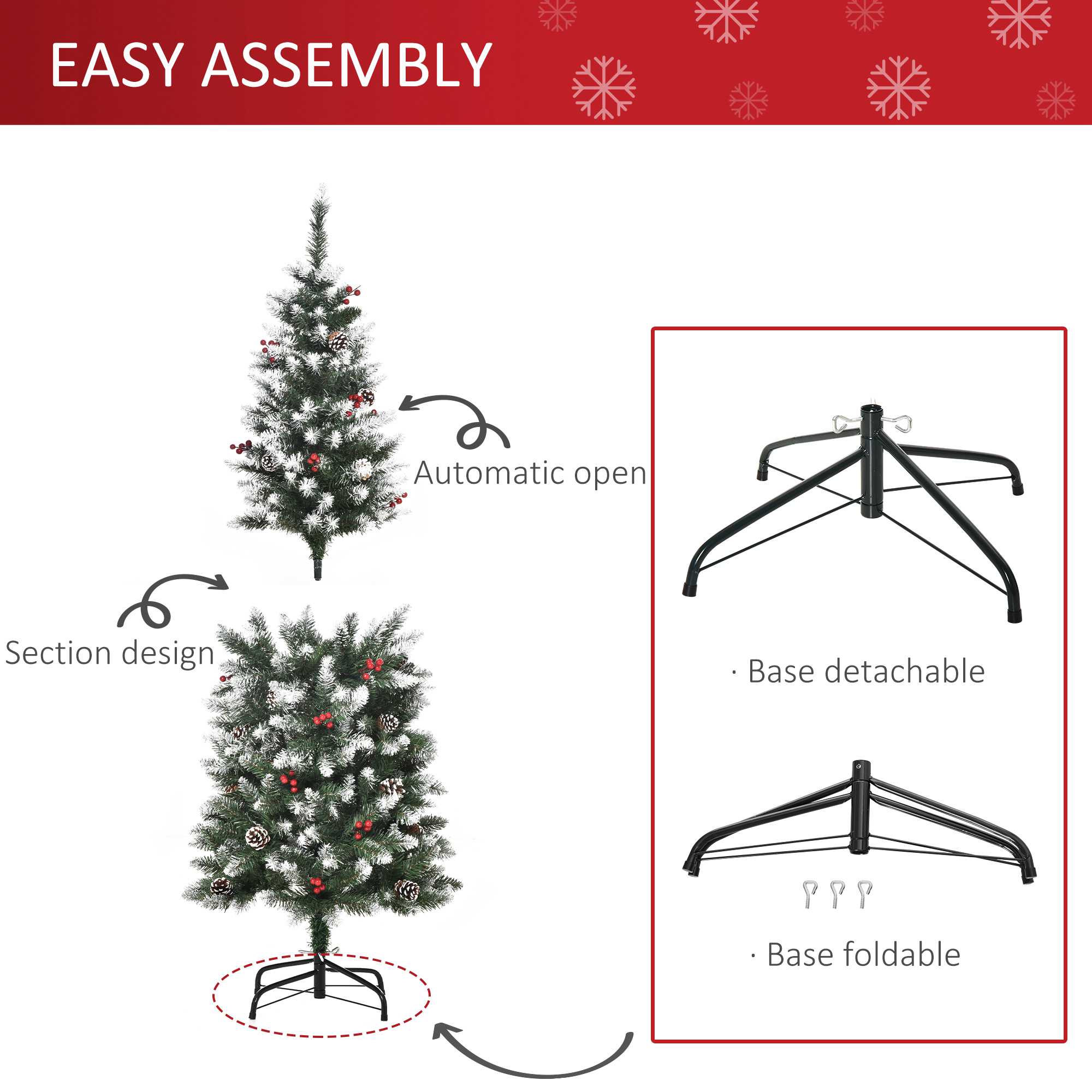 5FT Pencil Christmas Tree with Red Berries and Pinecones Holiday Home Indoor Decoration with Foldable Feet, Green