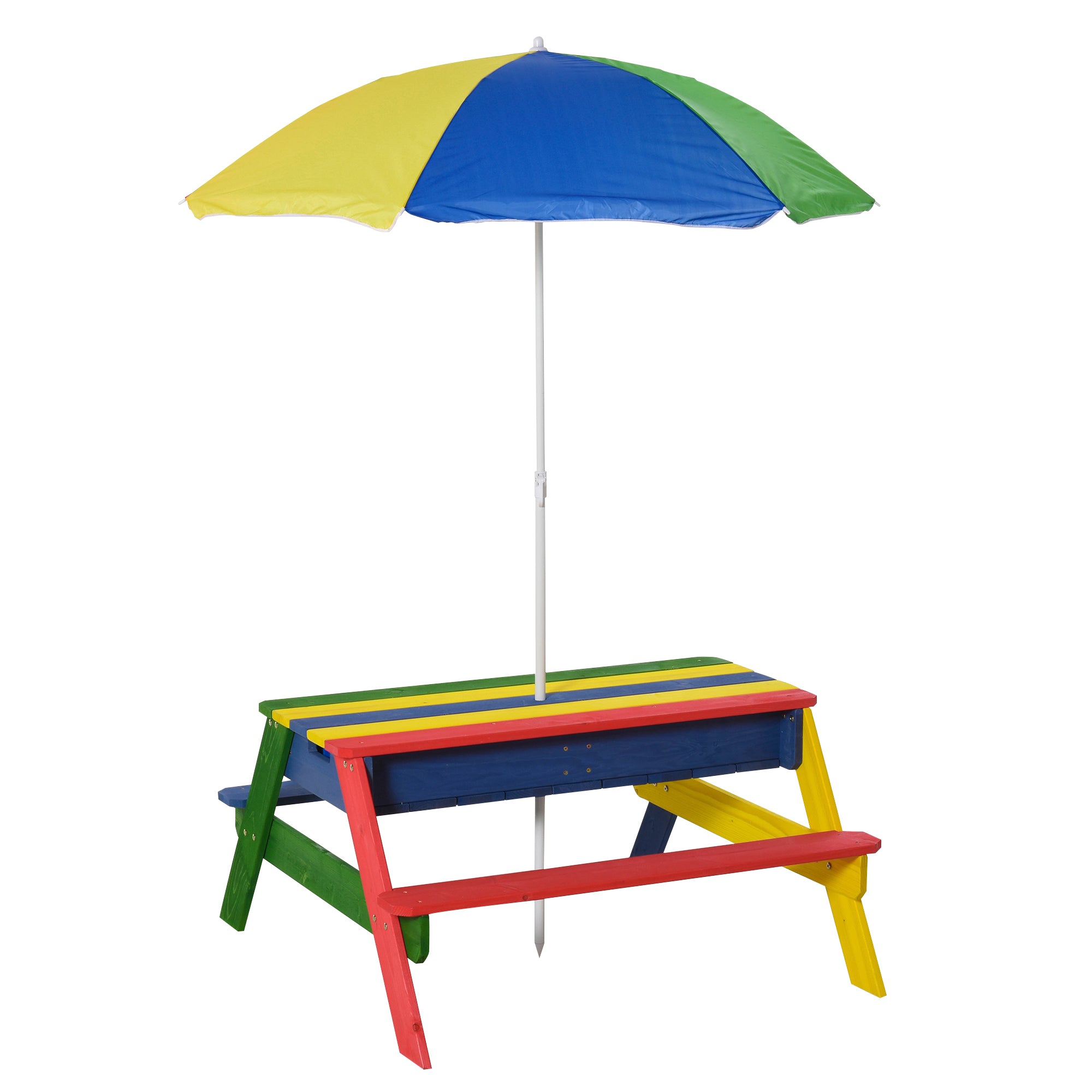 Kids Picnic Table Set Wooden Bench Rainbow with Sandbox Removable & Height Adjustable Parasol Outdoor Garden Patio Backyard Beach