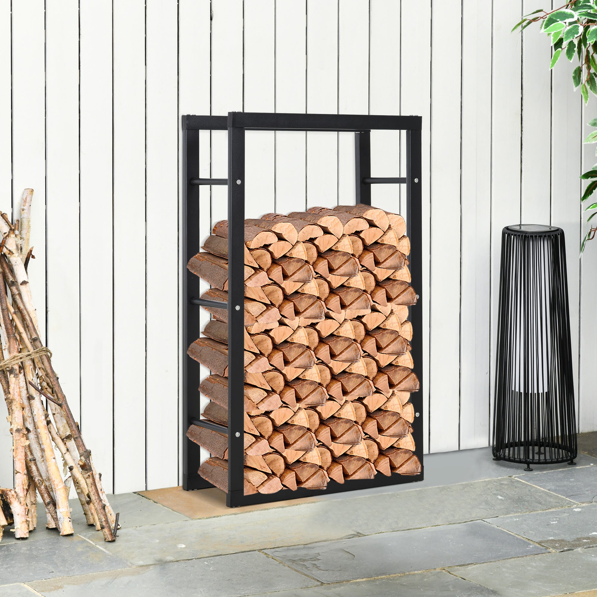 Metal Firewood Log Holder Tall Firewood Rack Indoor Outdoor Fireplace Wood Storage Shelf with Rust-Resistant, Black, 60W x 25D x 100H cm