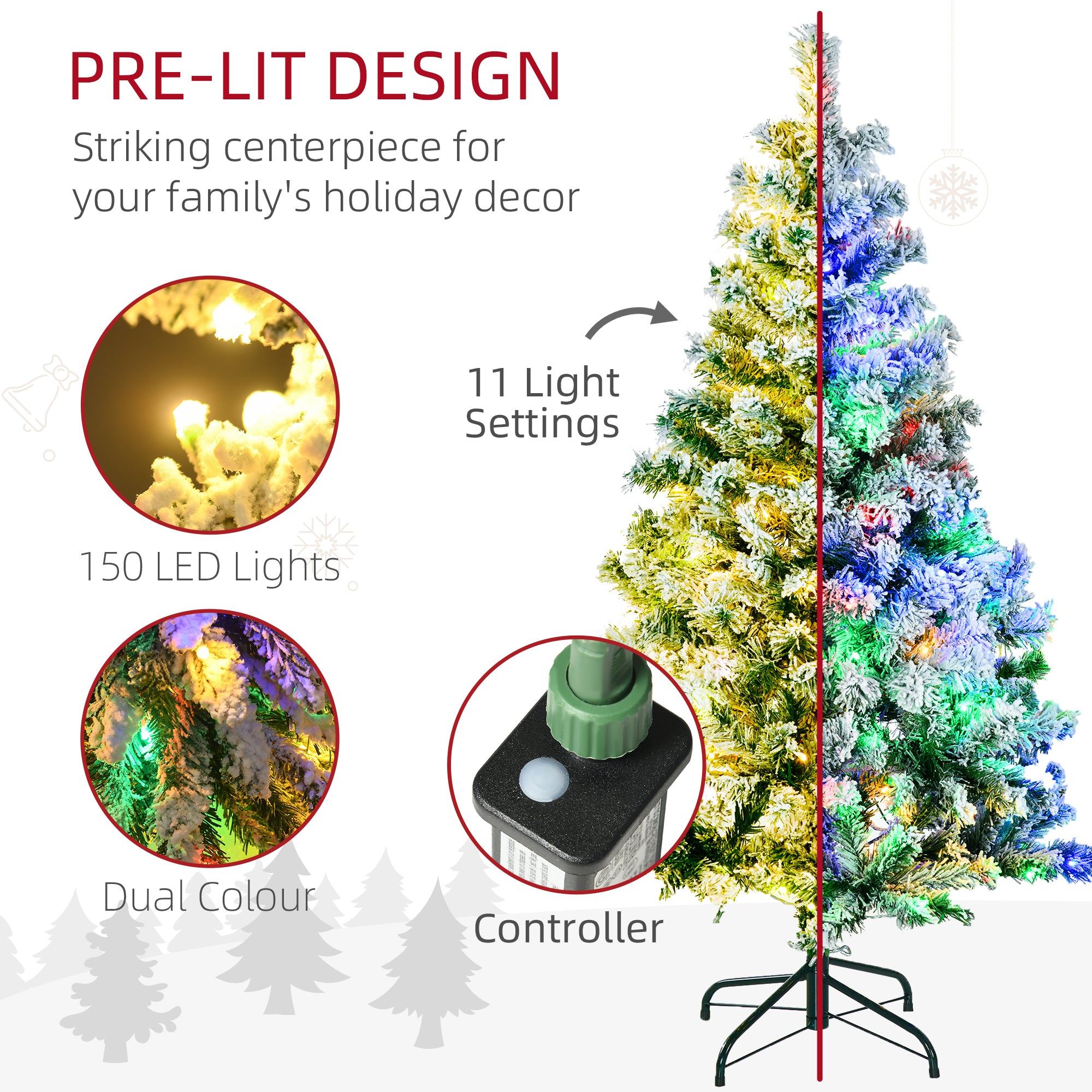 4.5' Artificial Snow Christmas Trees with Frosted Branches, Warm White or Colourful LED Lights, Steel Base