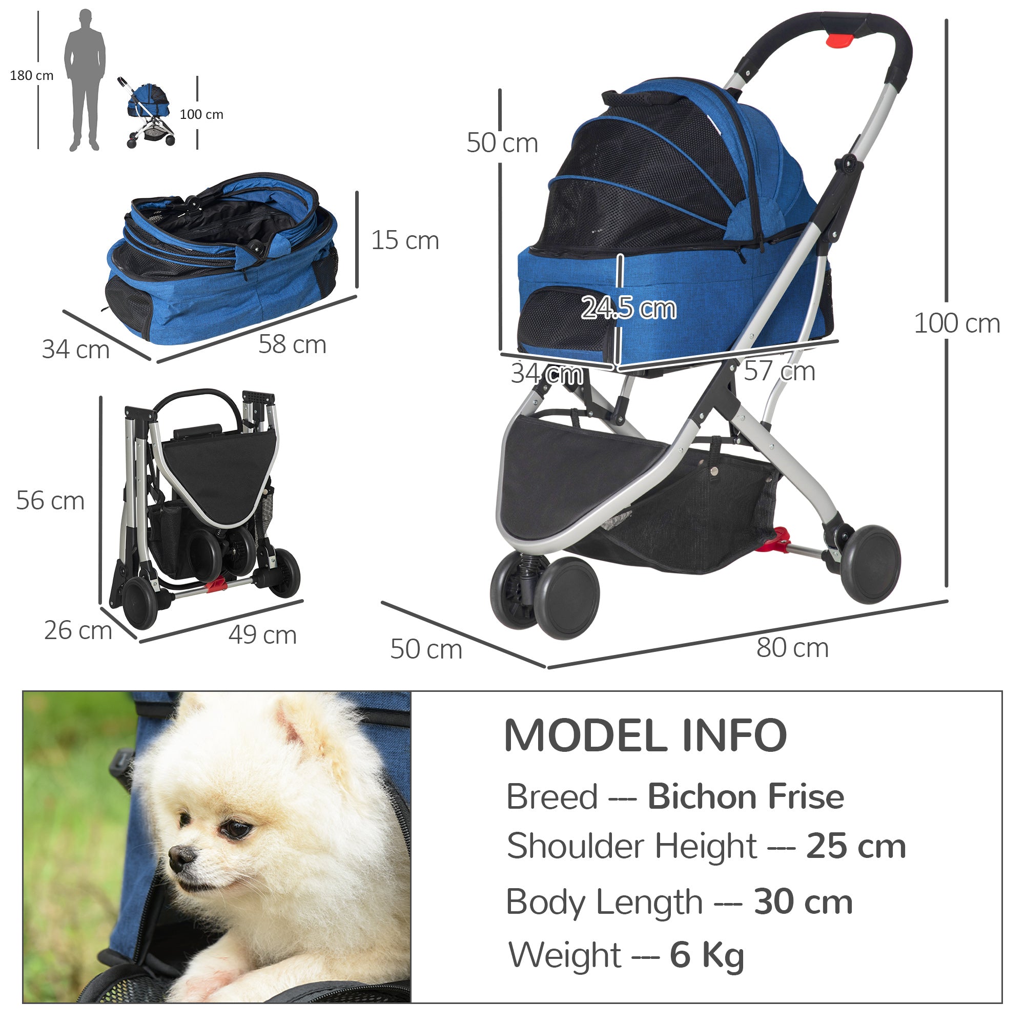 Detachable Pet Stroller Pushchair Foldable Dog Cat Travel Carriage 2-In-1 Design Carrying Bag Dark Blue