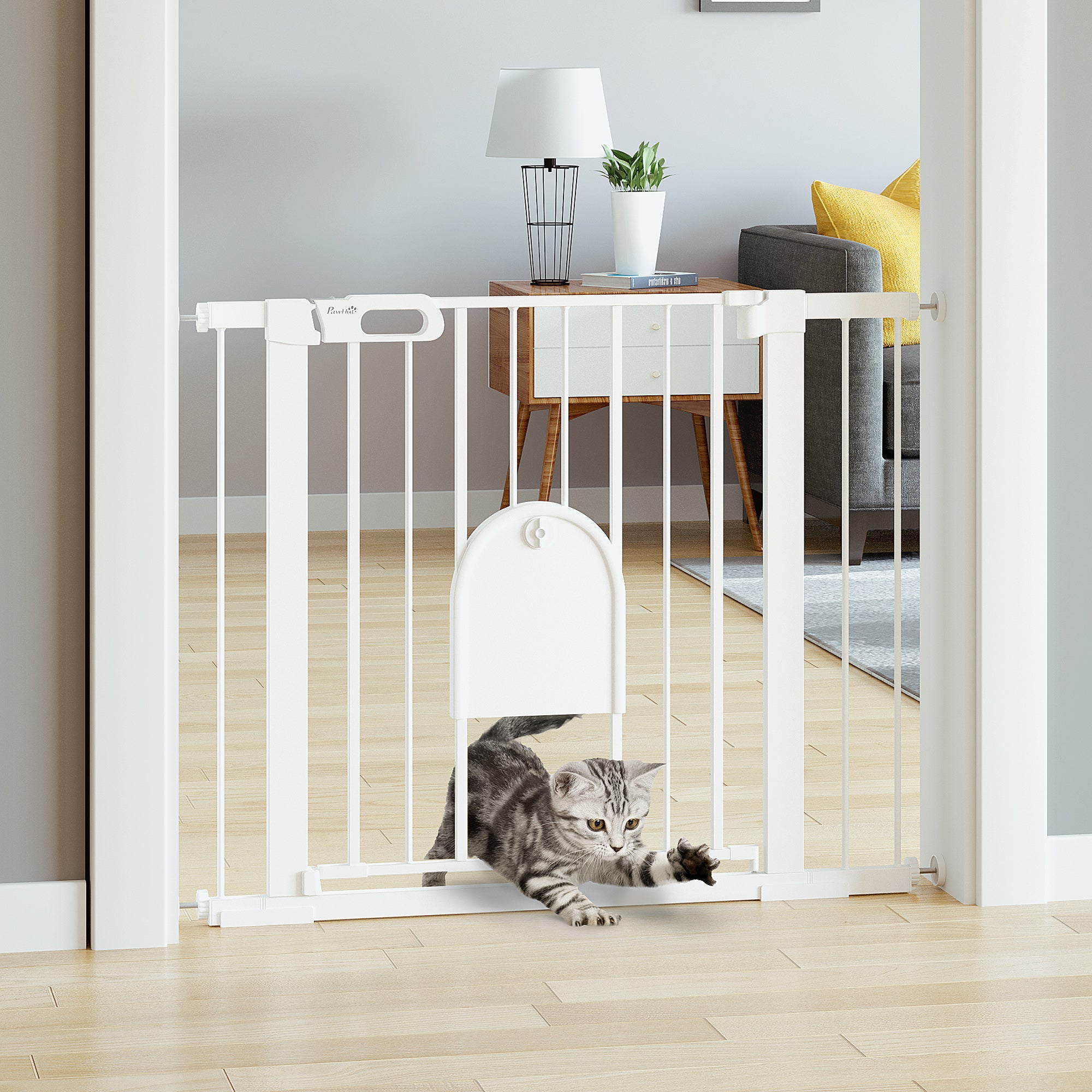 Dog Gate with Cat Flap Pet Safety Gate Barrier, Stair Pressure Fit, Auto Close, Double Locking, for Doorways, Hallways, 75-103 cm White