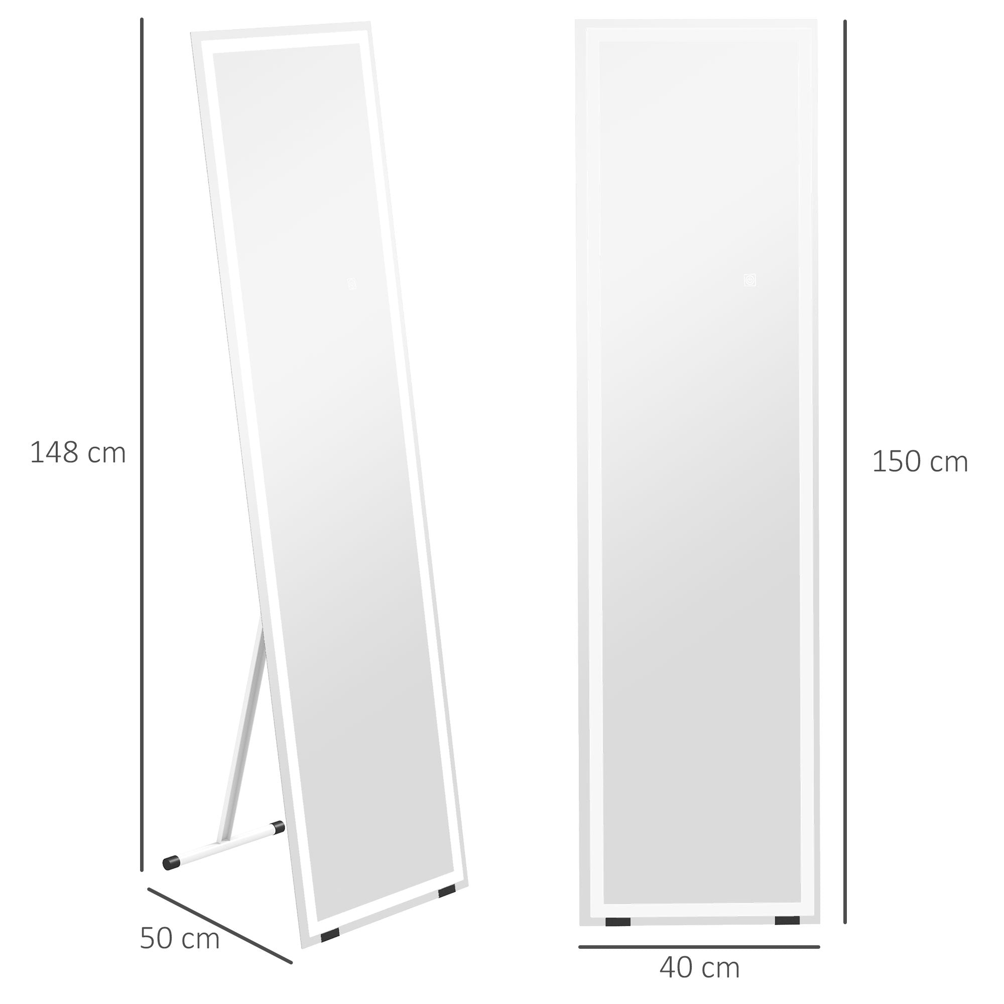 Standing Dressing Mirror with LED Lights, Wall Dressing Mirror for Bedroom with Dimmable and 3 Colour Lighting, White