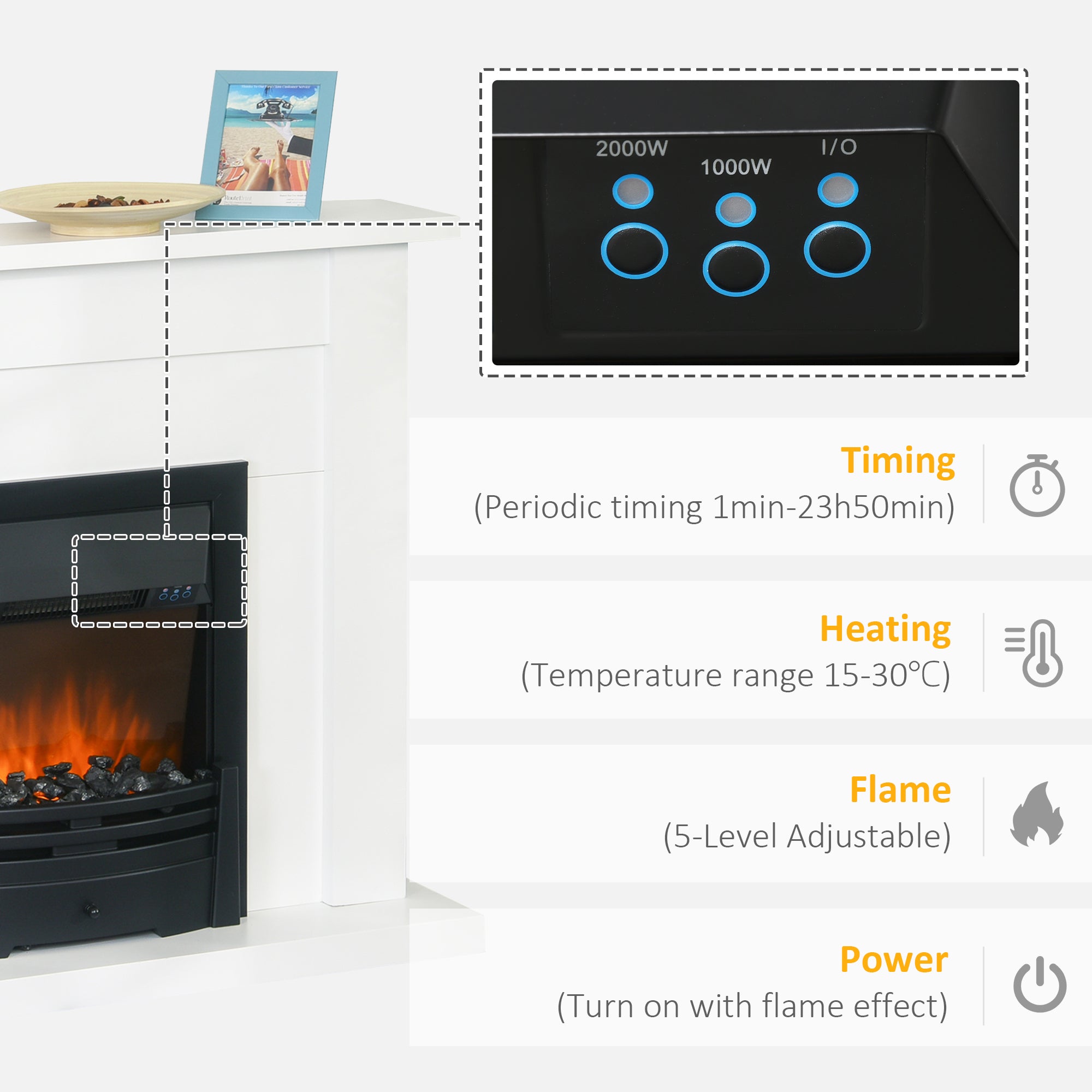 Electric Firplace Suites & Mantelpiece w/LED Flames Remote Marble Stone Modern Curved Surround Intelligent Safe Tempered Glass