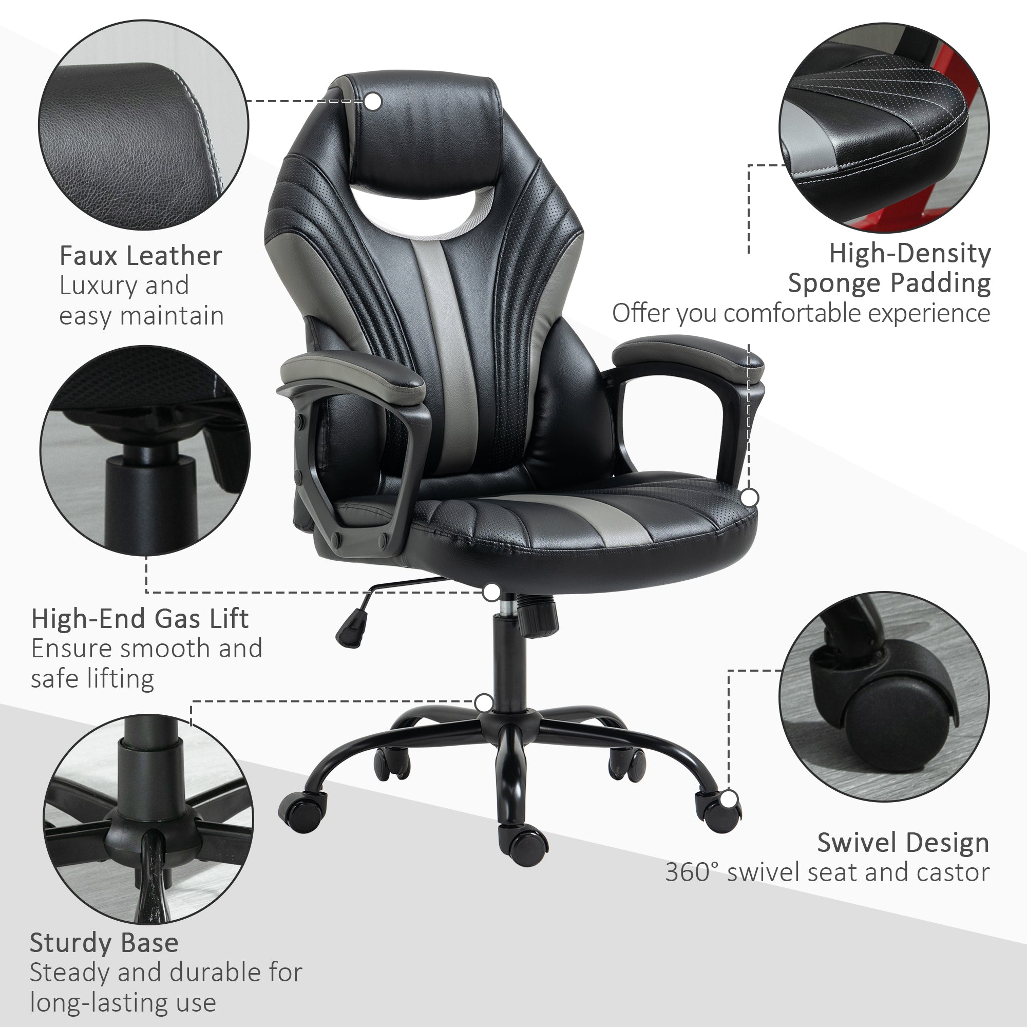 Racing Gaming Chair, Home Office Computer Desk Chair, Faux Leather Gamer Chair with Swivel Wheels, Black Grey