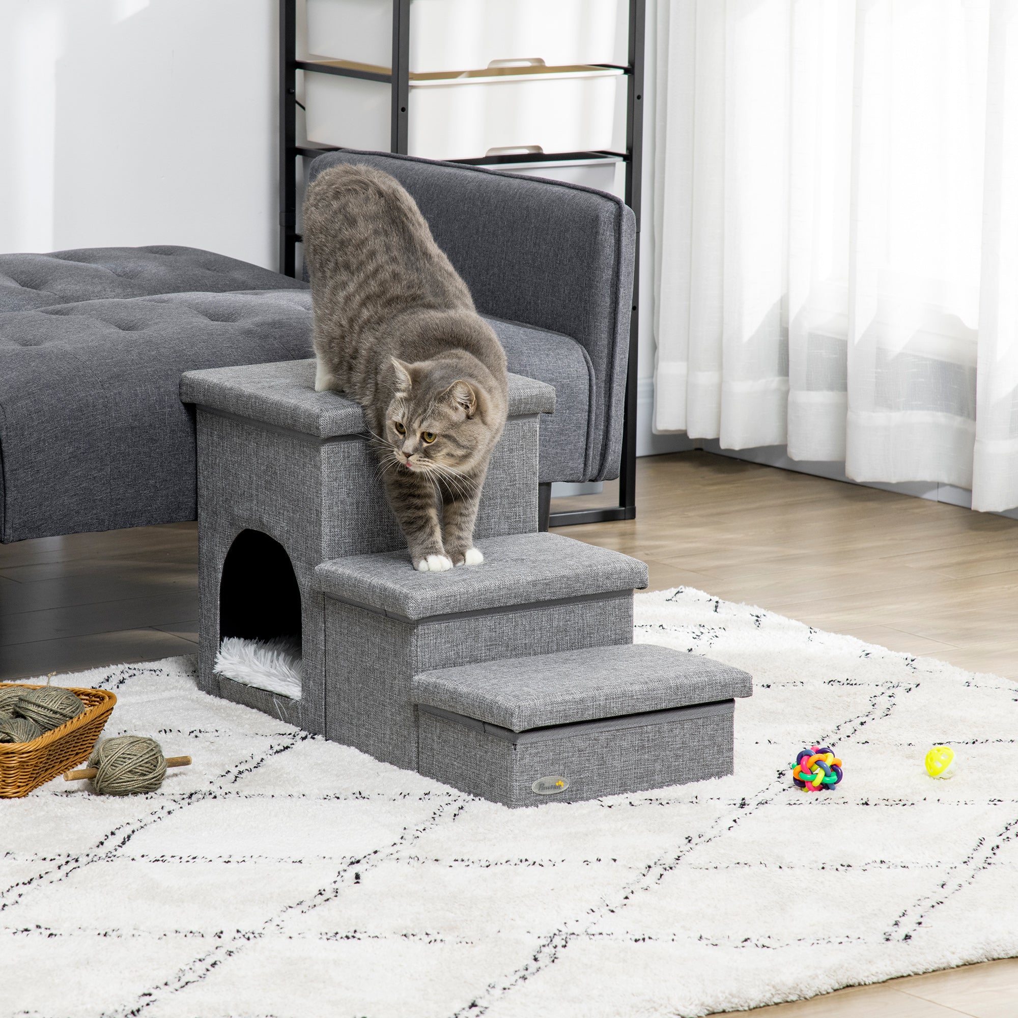 Dog Steps 3-step Pet Stairs with Kitten House and 2 Storage Boxes, 3 in 1 Dog Ramp for Sofa with Washable Plush Cushion