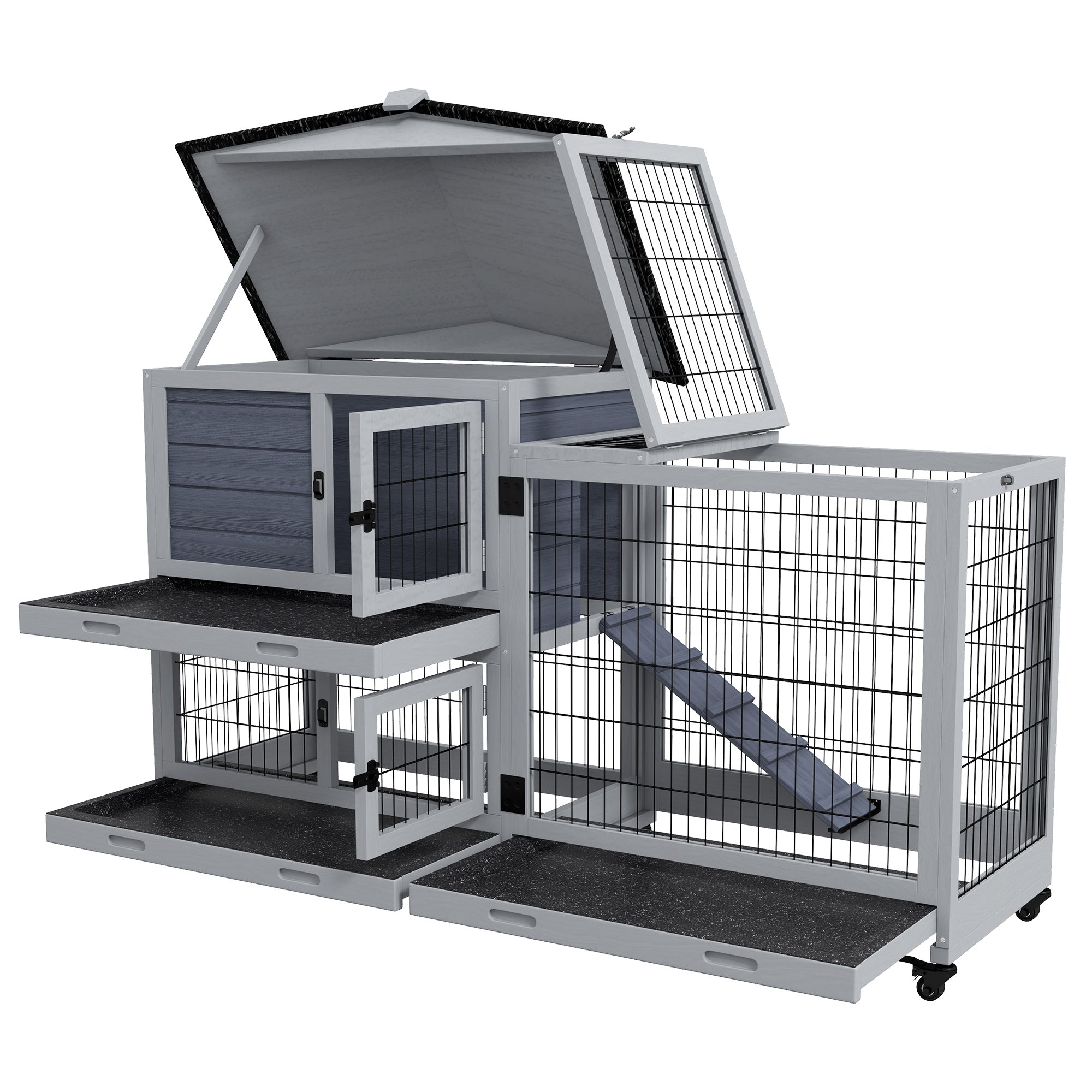 Portable Rabbit Cage, Rabbit Hutch with Run, Wheels, 3 Slide-out Trays, Ramp, Openable Top for Outdoor Indoor - Grey