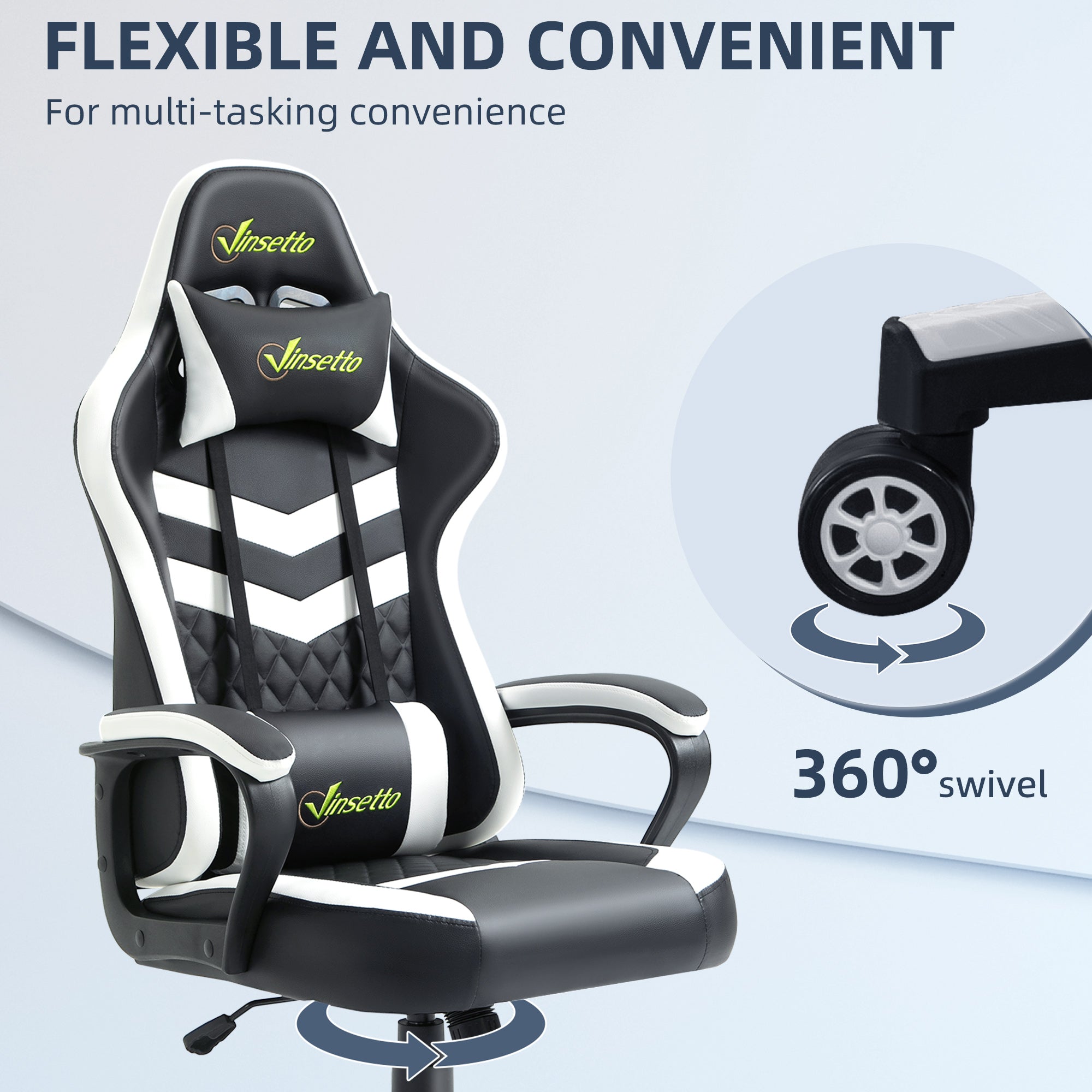 Racing Gaming Chair with Lumbar Support, Headrest, Swivel Wheel, PVC Leather Gamer Desk Chair for Home Office, Black White