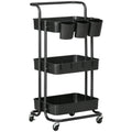 3 Tier Utility Rolling Cart with Removable Mesh Baskets, Hanging Boxes, Hooks & Dividers - Black