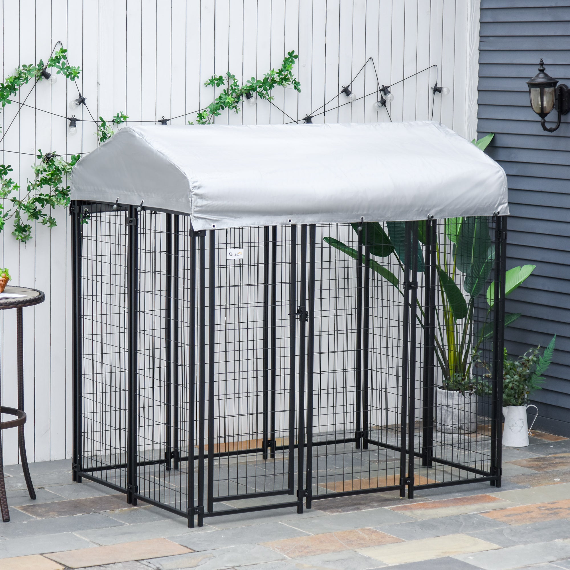 Outdoor Dog Kennel, Dog Run with UV-Resistant Canopy & Lockable Design, Metal Playpen Fence for Large and Medium Dogs, 183 x 121 x 183 cm