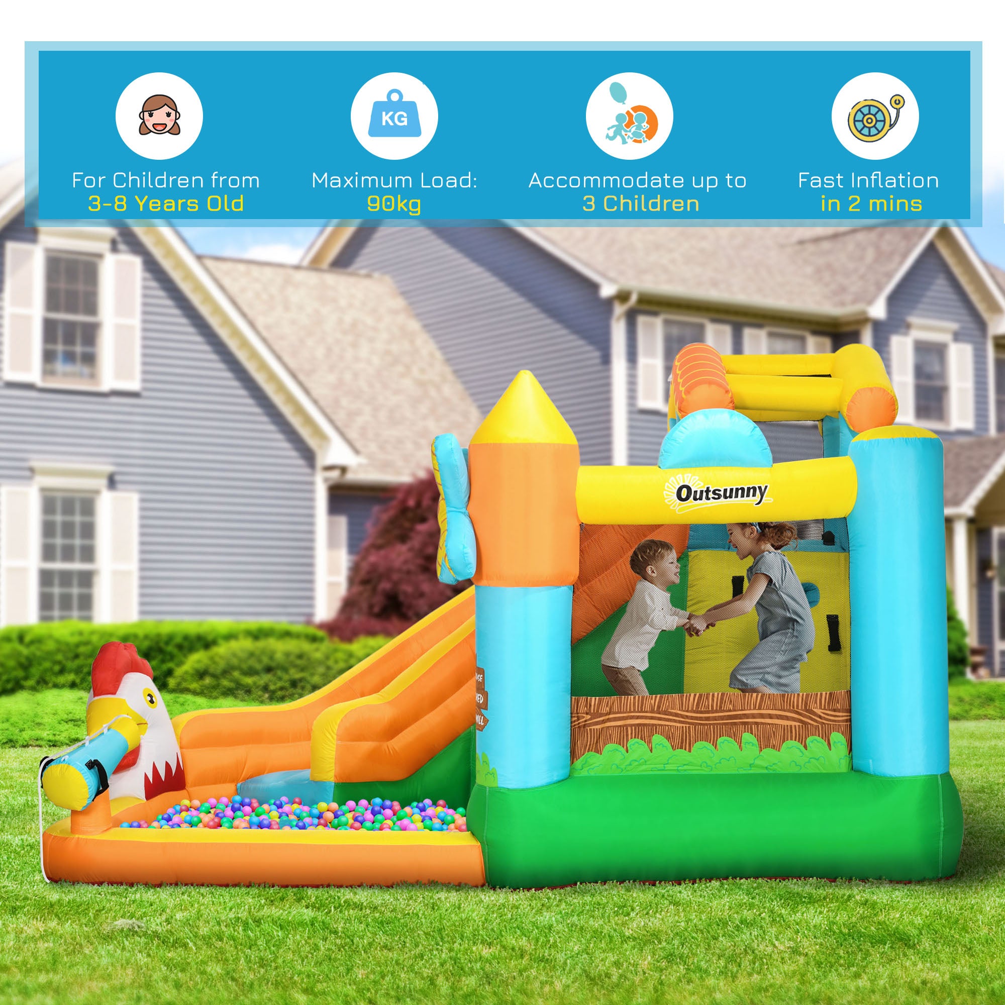 5 in 1 Kids Bounce Castle Farm Style Inflatable House with Slide Trampoline Pool Water Cannon Climbing Wall Inflator Carry bag for Ages 3-8