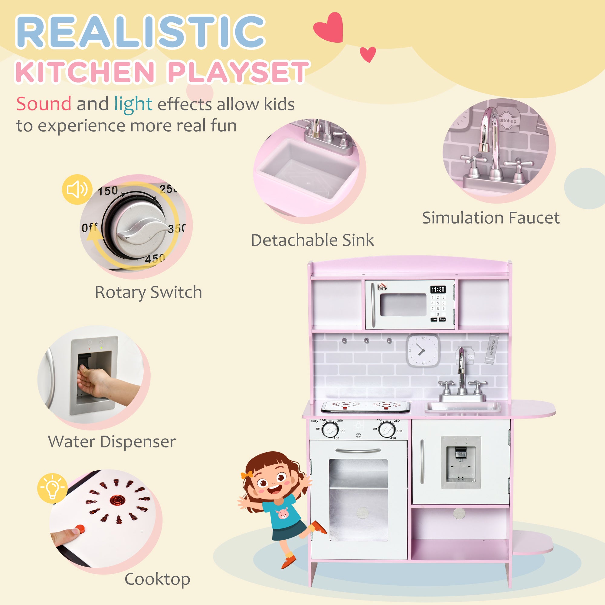 Wooden Play Kitchen with Lights Sounds, Kids Kitchen Playset with Water Dispenser, Microwave, Utensils, Sink, Gift for 3-6 Years Old, Pink