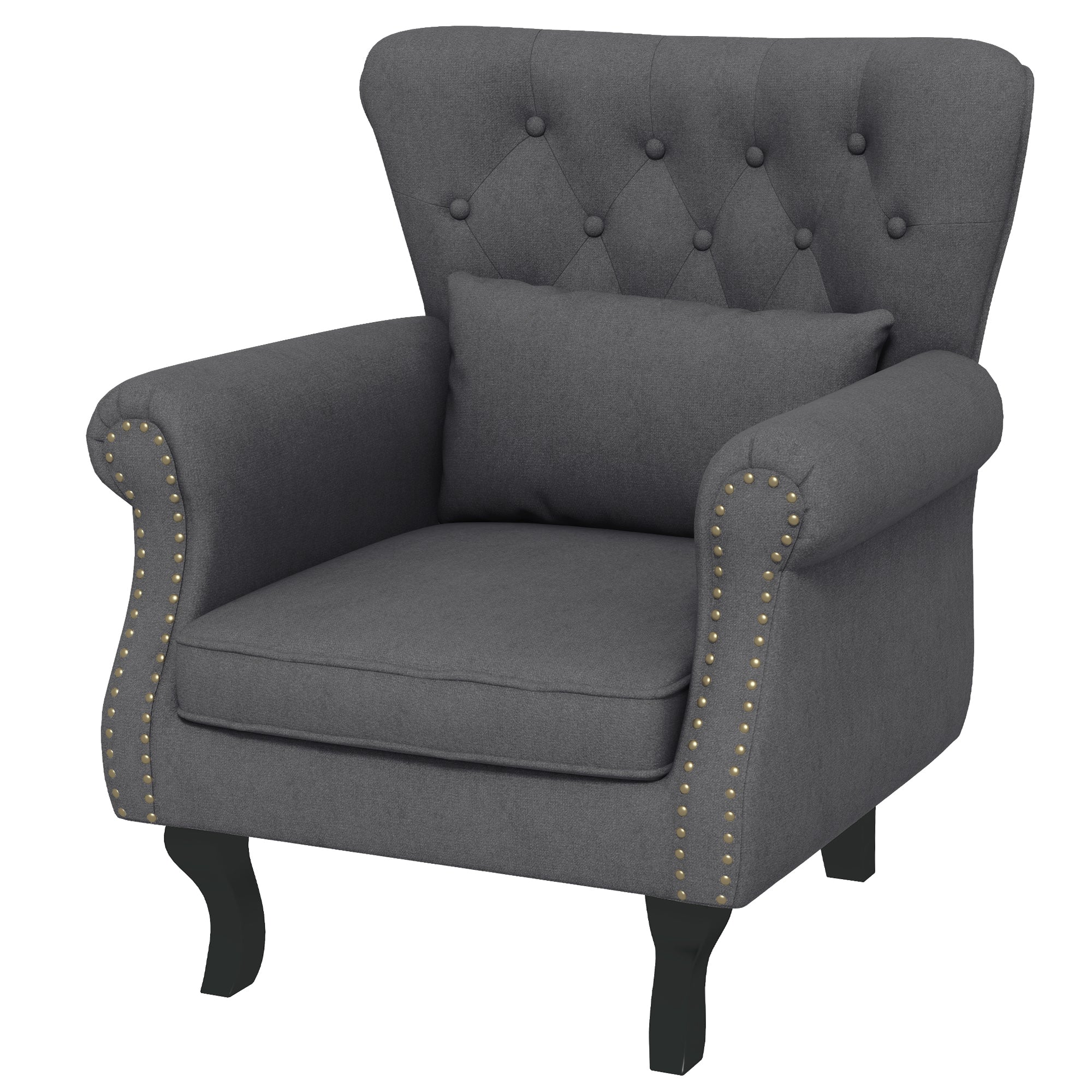 Chesterfield-style Accent Chair, Tufted Wingback Armchair with Pillow, Naihead Trim for Living Room, Bedroom, Dark Grey