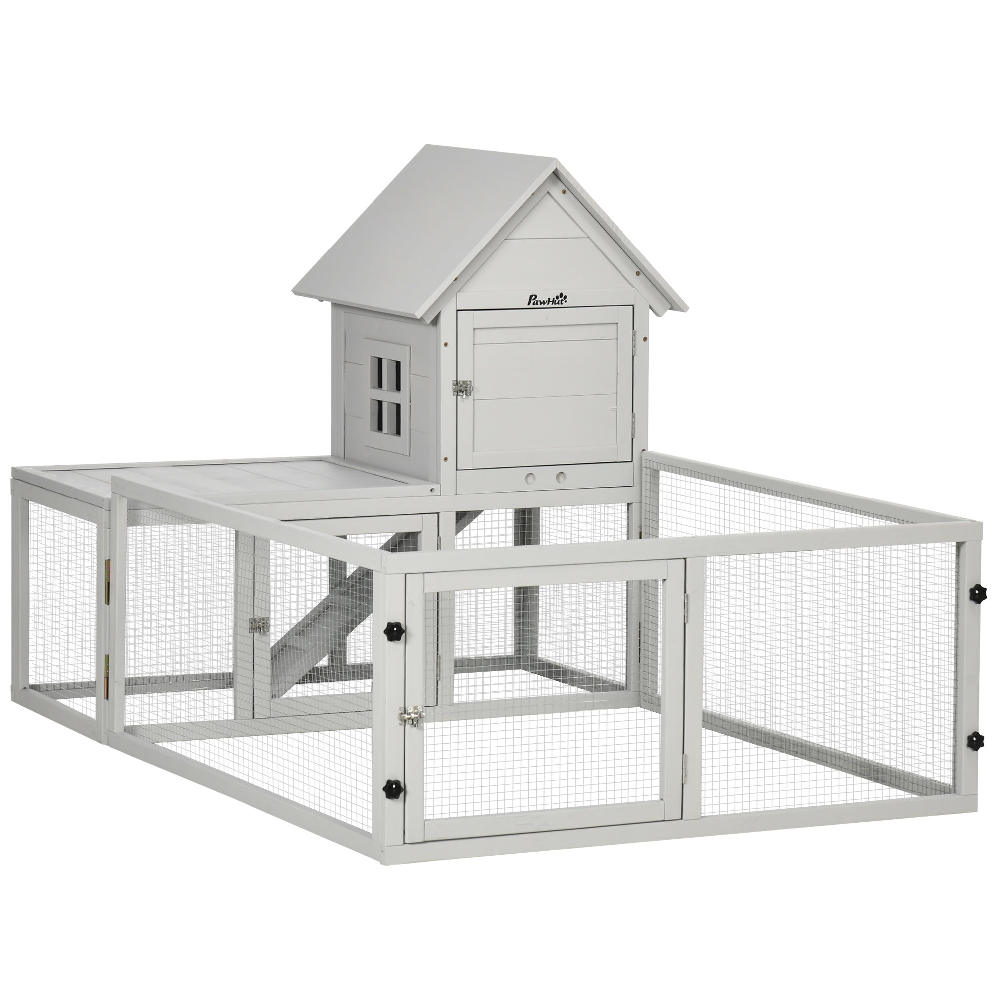 Wooden Rabbit Hutch with Extra Fenced Area, Large Guinea Pig Cage, Small Animal House for Indoor with Slide-out Tray, Light Grey