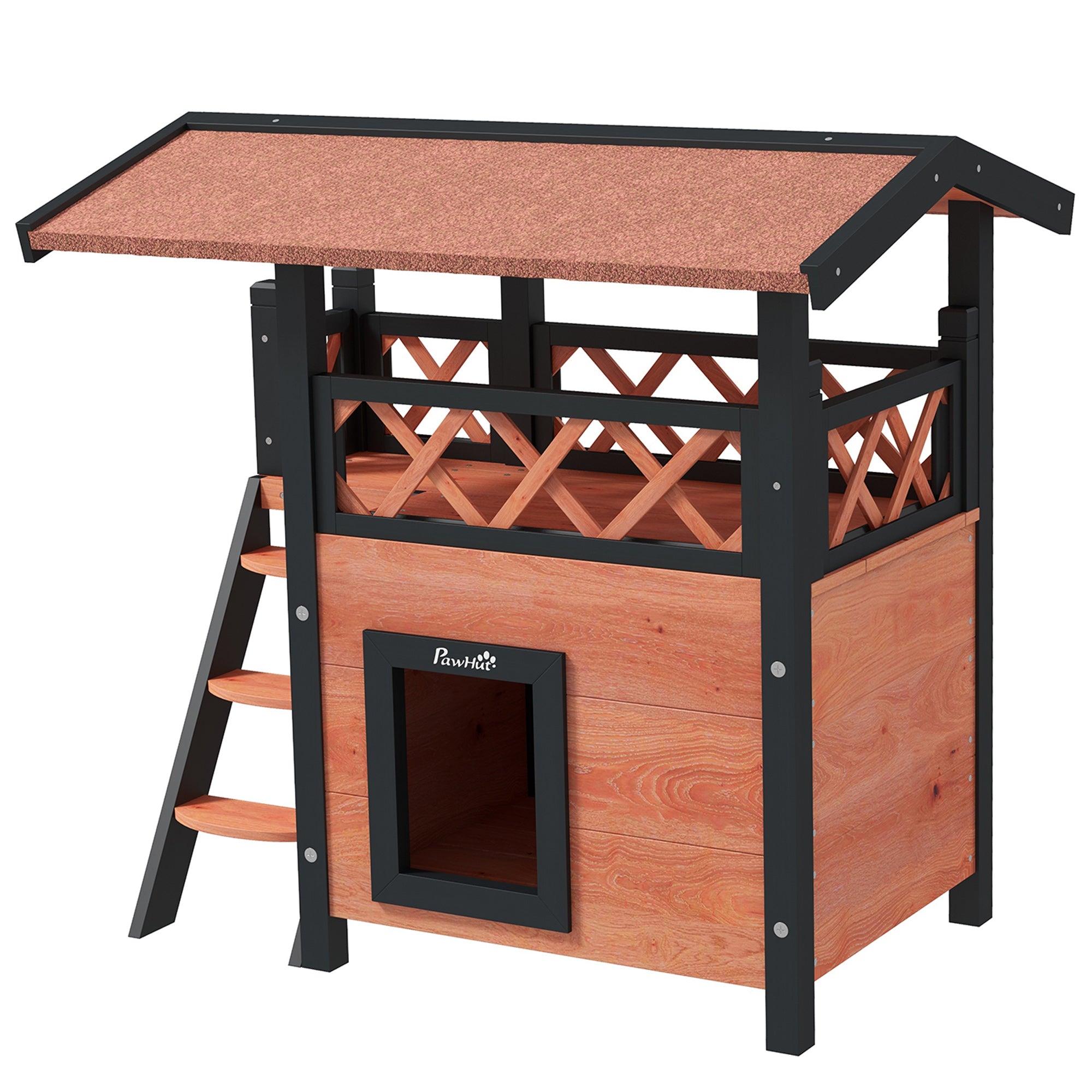 Cat House Outdoor w/ Balcony Stairs Roof, 77 x 50 x 73 cm, Brown