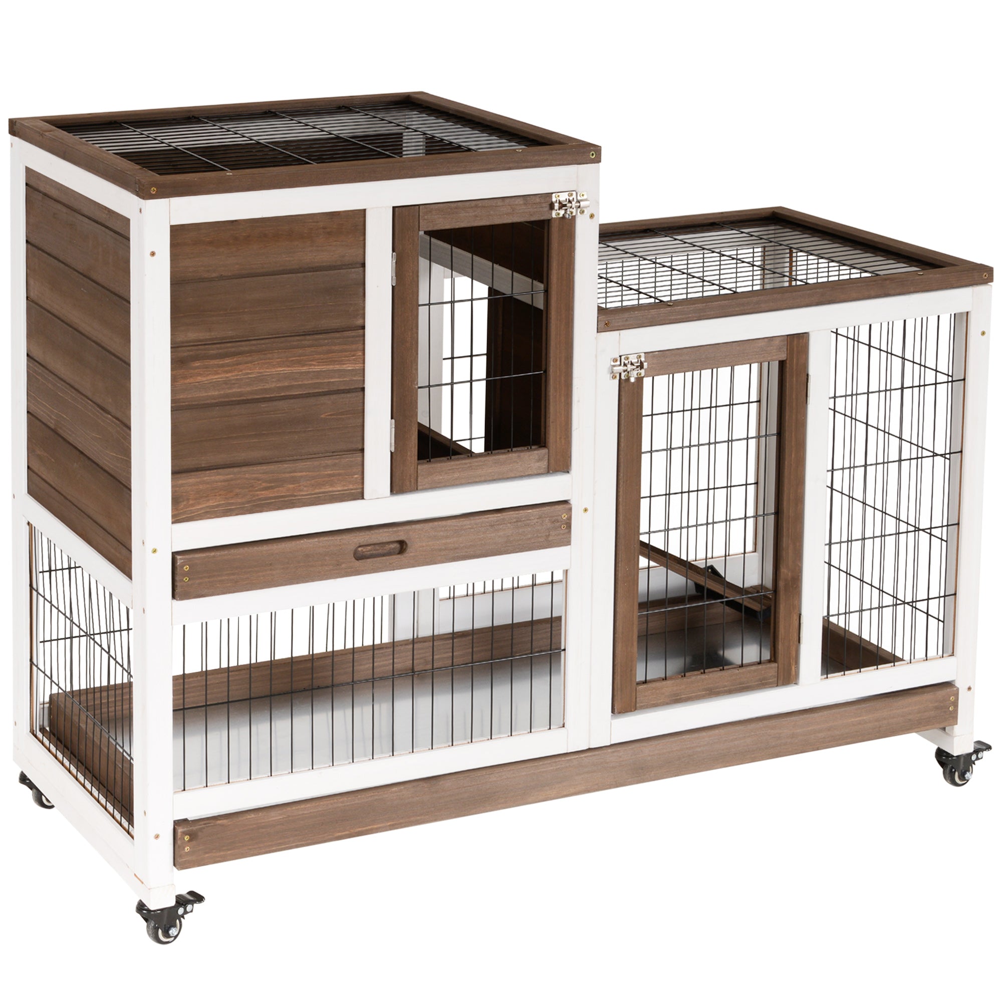 Wooden Indoor Rabbit Hutch Guinea Pig House Bunny Small Animal Cage W/ Wheels Enclosed Run 110 x 50 x 86 cm, Brown