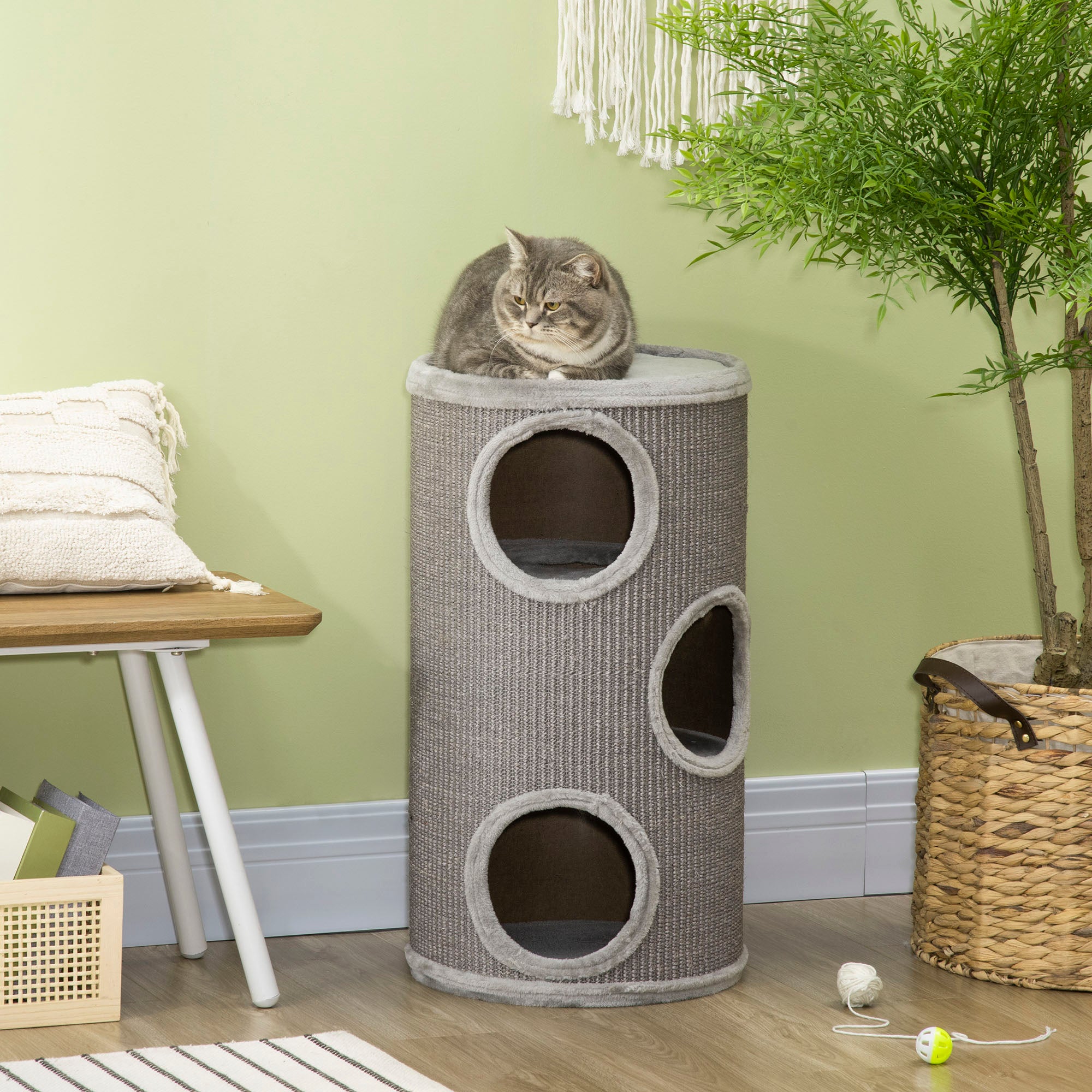 Cat Barrel Kitten Tree Tower for Indoor Cats, Cat Climbing Frame Covered with Sisal, Cosy Platform - Light Grey