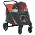 One-Click Foldable Pet Travel Stroller with Rain Cover, Shock Absorber & Storage Bags - Red & Black