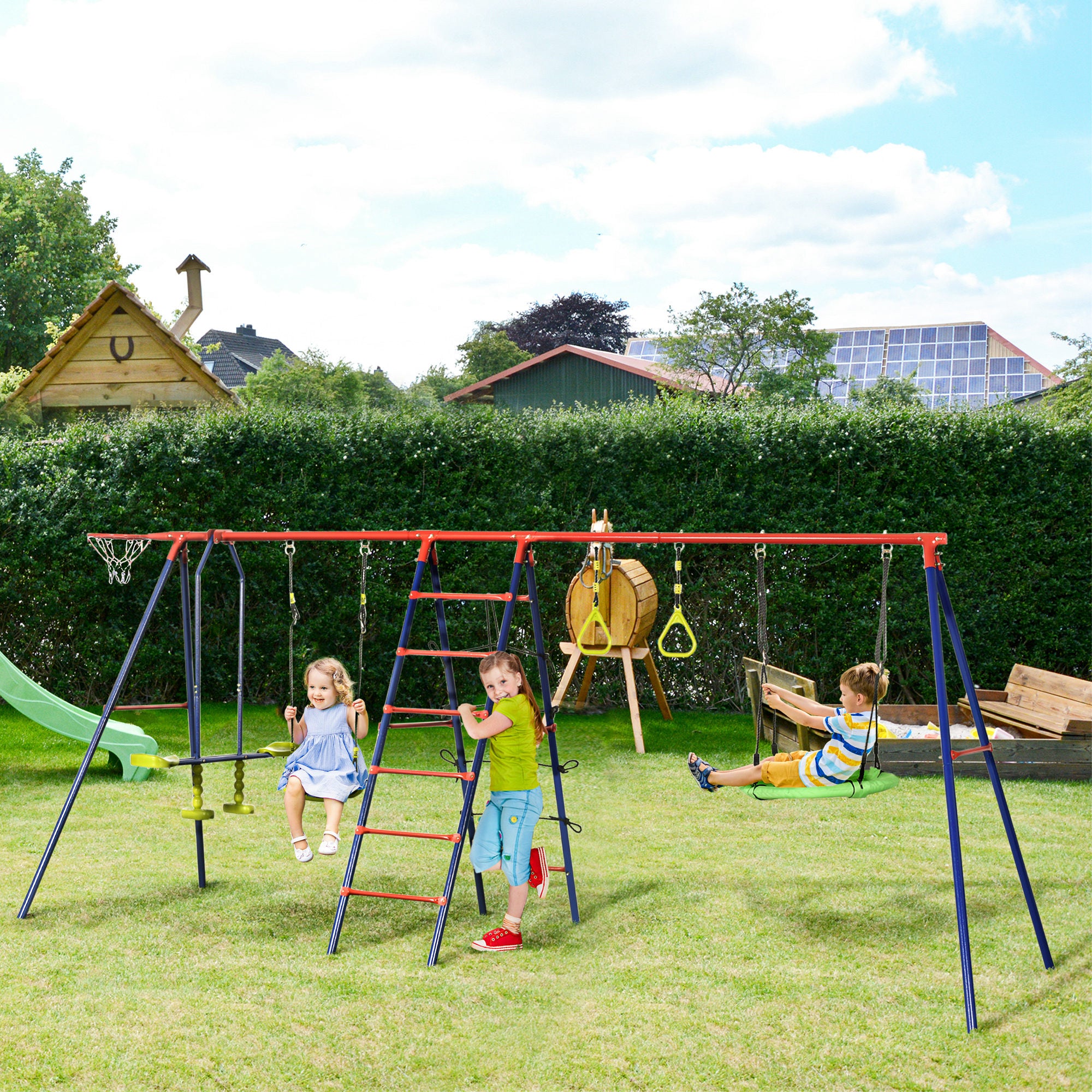 6 In 1 Metal Garden Swing Set, Kids Swings with Double Swings, Climbing Frame, Glider, Trapeze Bar, Basketball Hoop