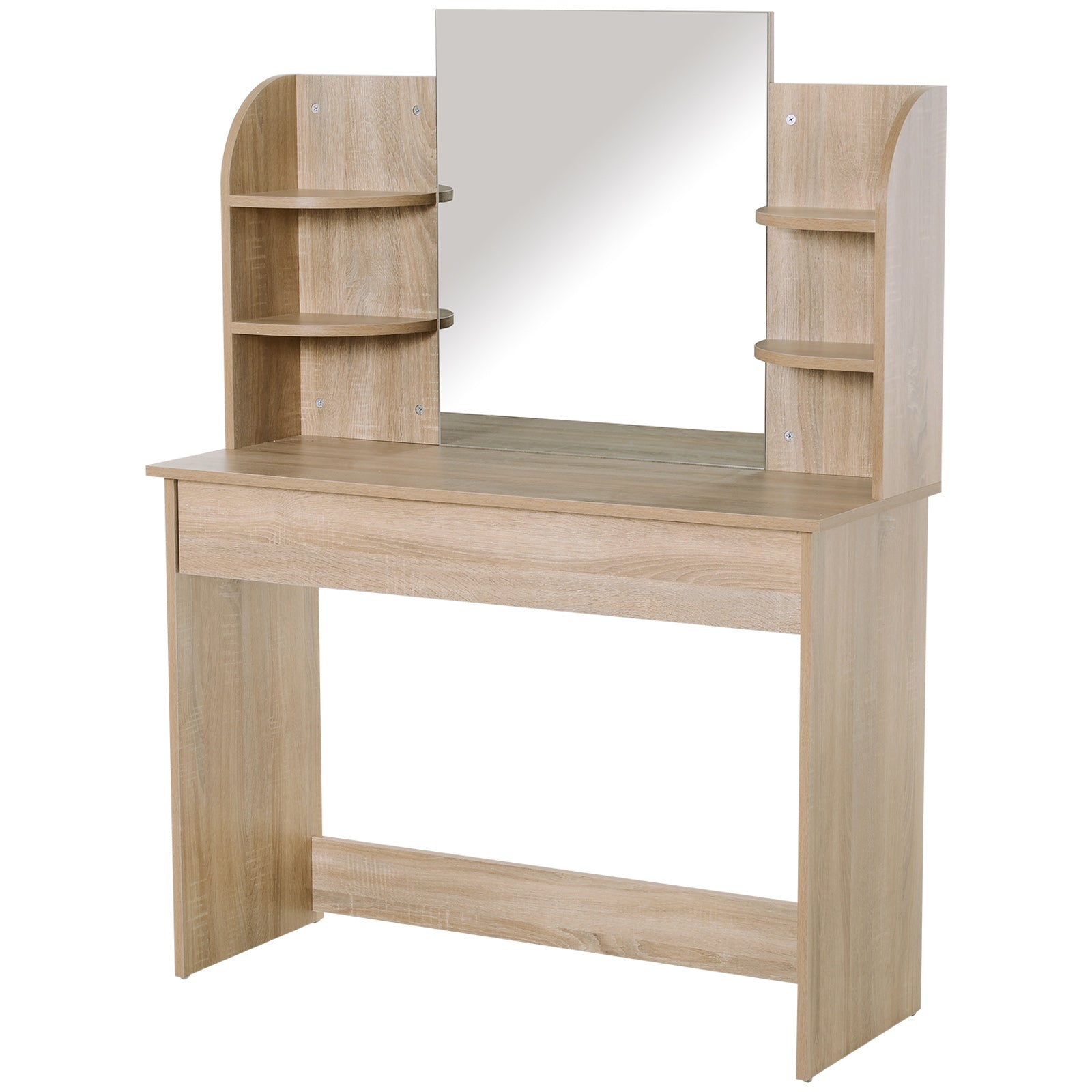 Particle Board Glass Mirror Dressing Table w/ Shelves Oak Tone