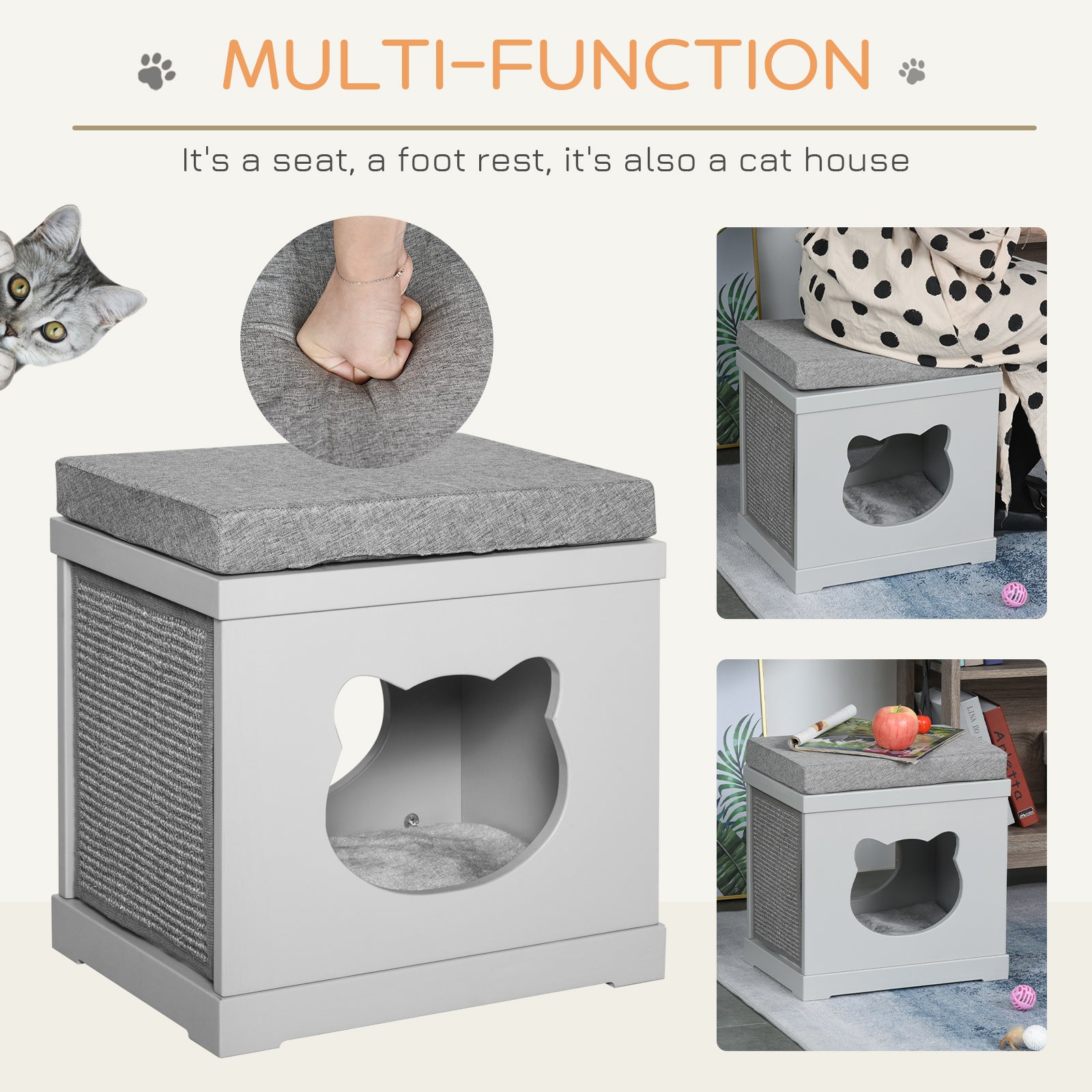 Cat House Bed Kitten Cave Cube Indoor for Small Pet with Removable Sisal Scratching Pads Soft Cushions, 41x30x36 cm, Grey