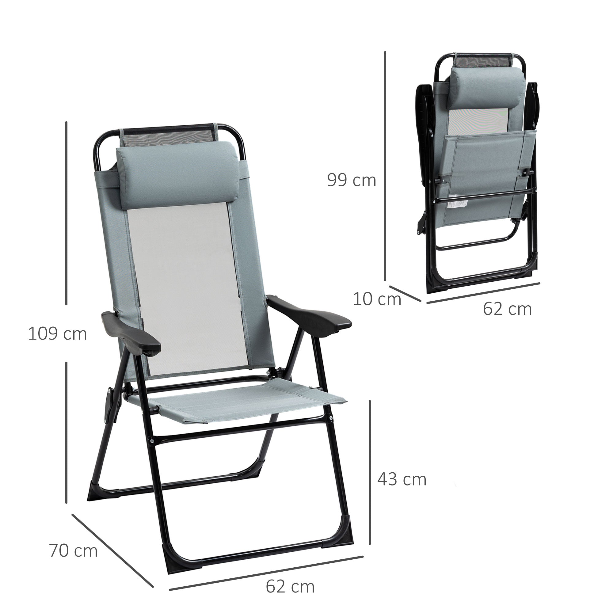 Set of 2 Portable Folding Recliner Chair Outdoor Patio Chaise Lounge Chair with Adjustable Backrest, Grey