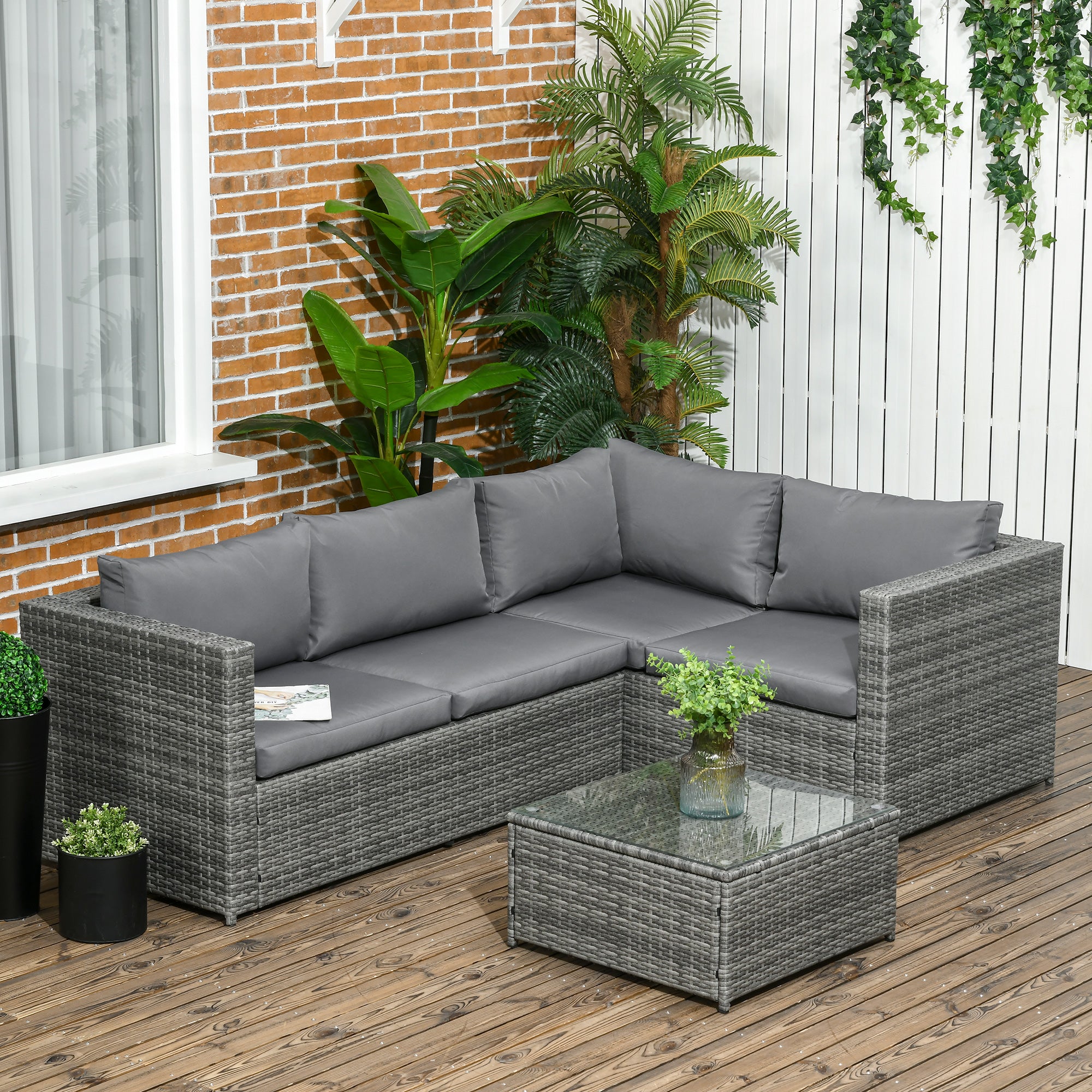 4-Seater Rattan Garden Furniture Outdoor Patio Corner Sofa Chair Set with Coffee Table Thick Cushions, Grey