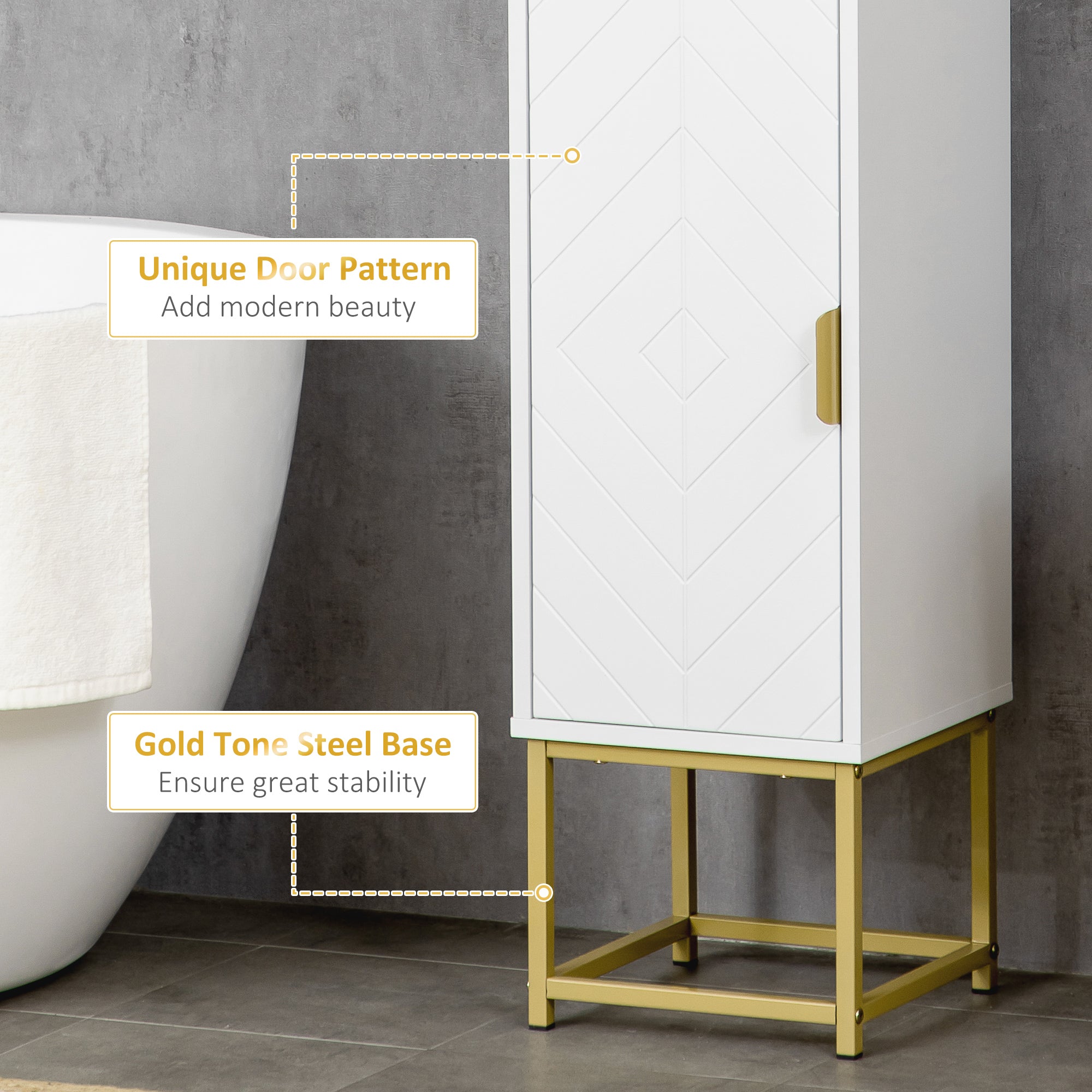 Narrow Bathroom Storage Cabinet with Adjustable Shelf and Gold Accents - White