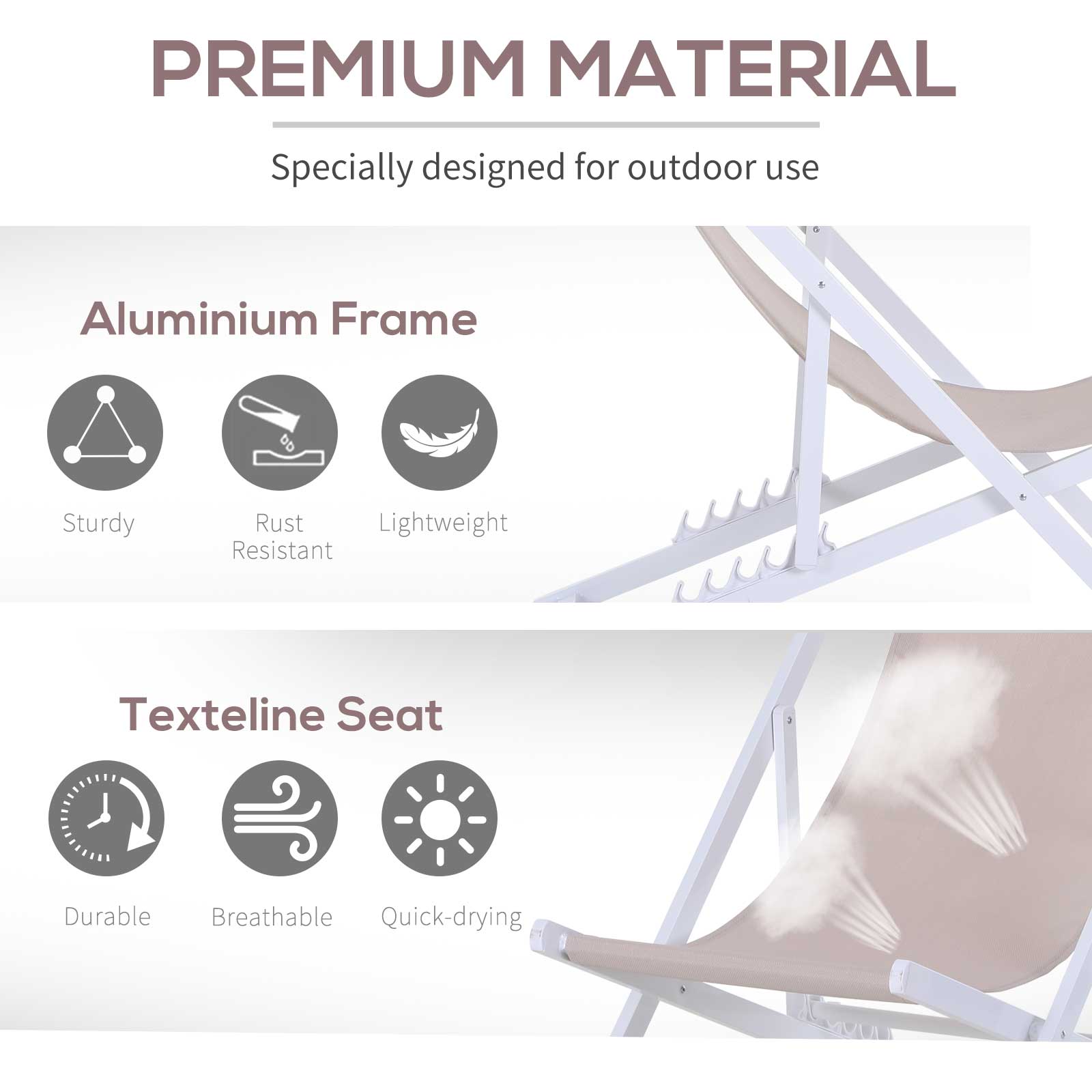 Set of 2 Folding Aluminium Garden Deck Chairs with Pillow - White