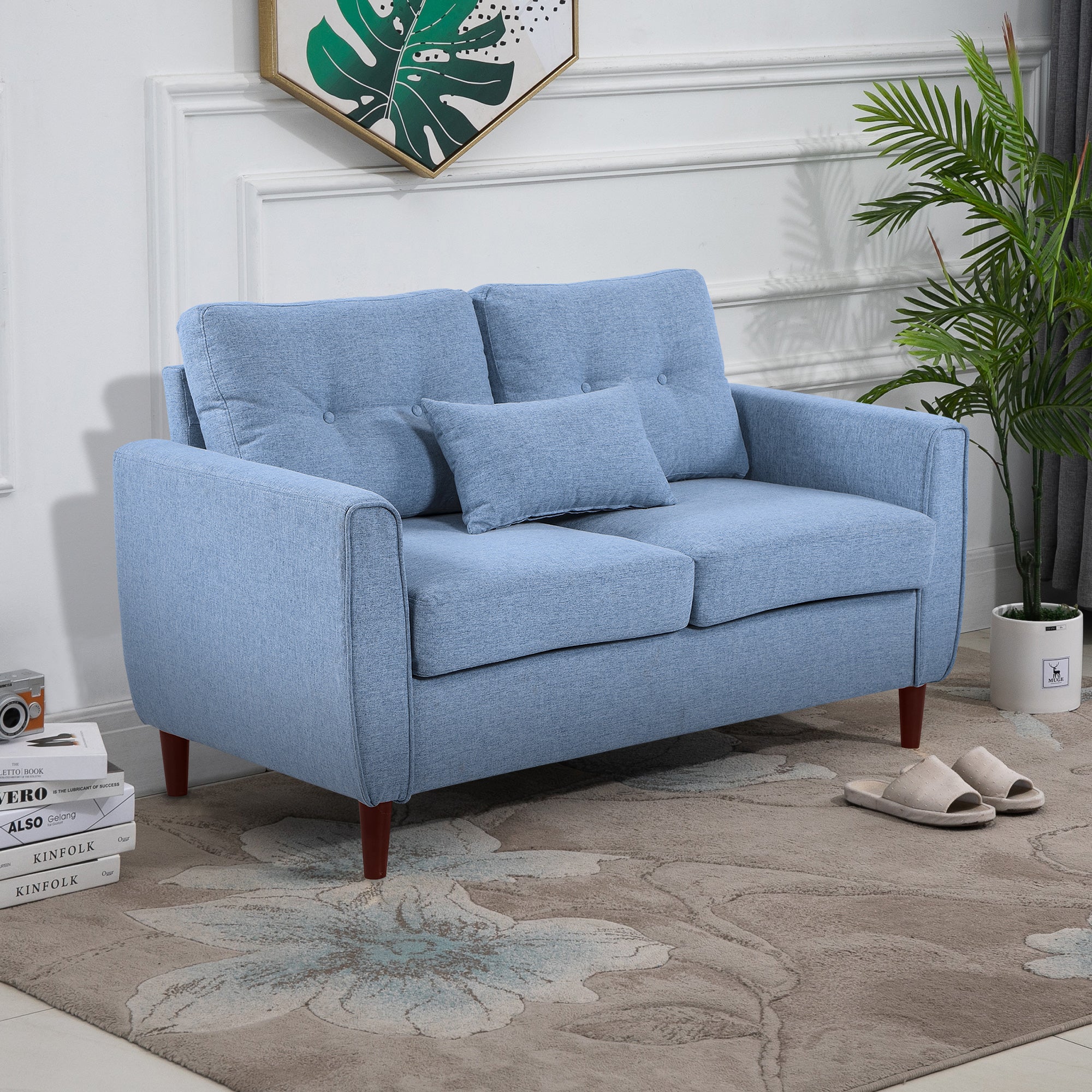 2 Seat Sofa Double Sofa Loveseat Fabric Wooden Legs Tufted Design for Living Room, Dining Room, Office, Light Blue