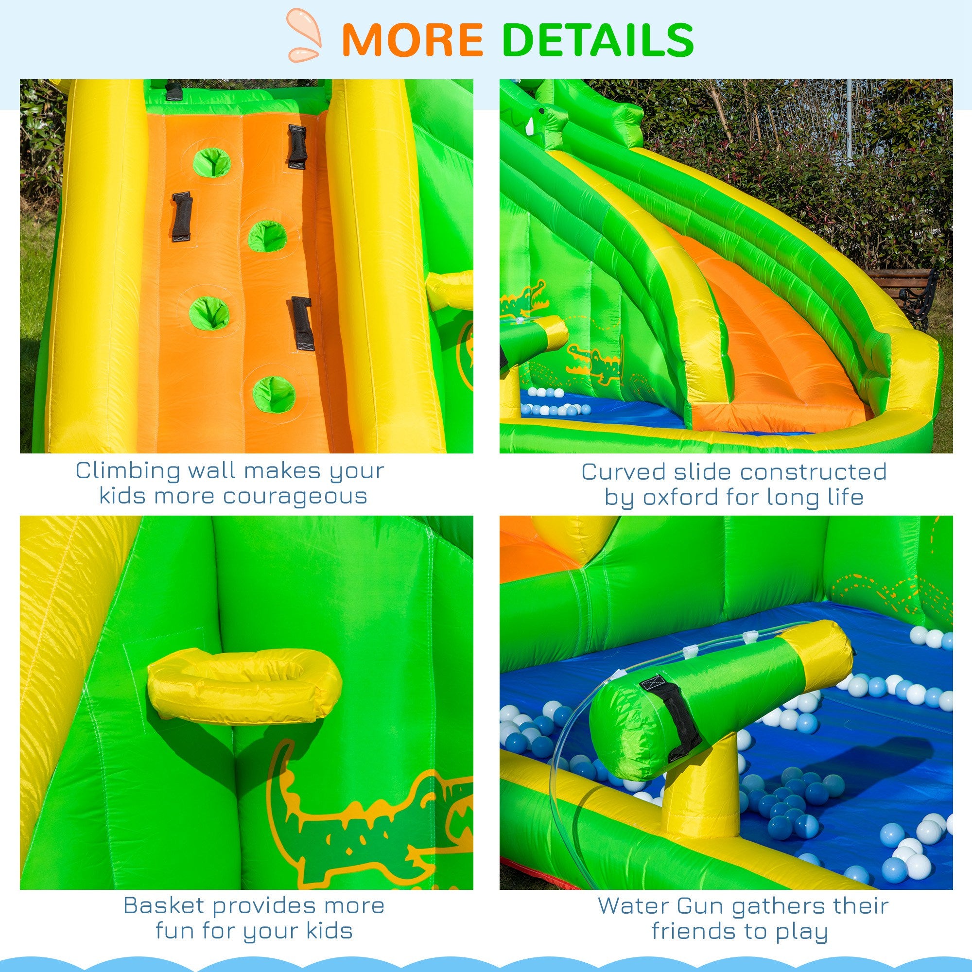 5 in 1 Kids Bouncy Castle Large Crocodile Style Inflatable House Slide Basket Water Pool Climbing Wall for Kids Age 3-8, 3.85 x 2.85 x 2.25m