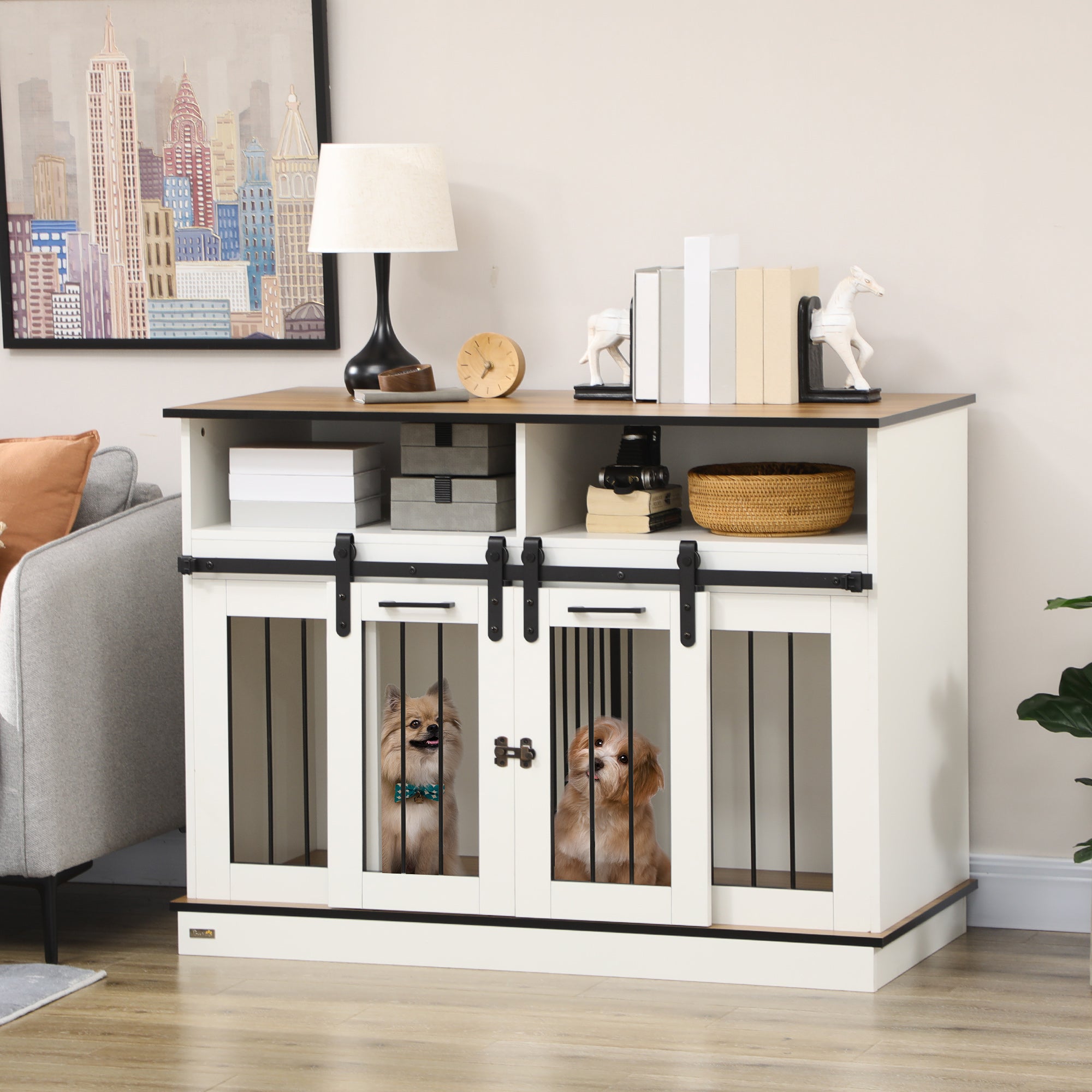 Dog Crate Furniture for Small & Large Dogs with Movable Divider, Dog Cage End Table with Shelves, Sliding Doors, 120 x 60 x 88.5 cm, White