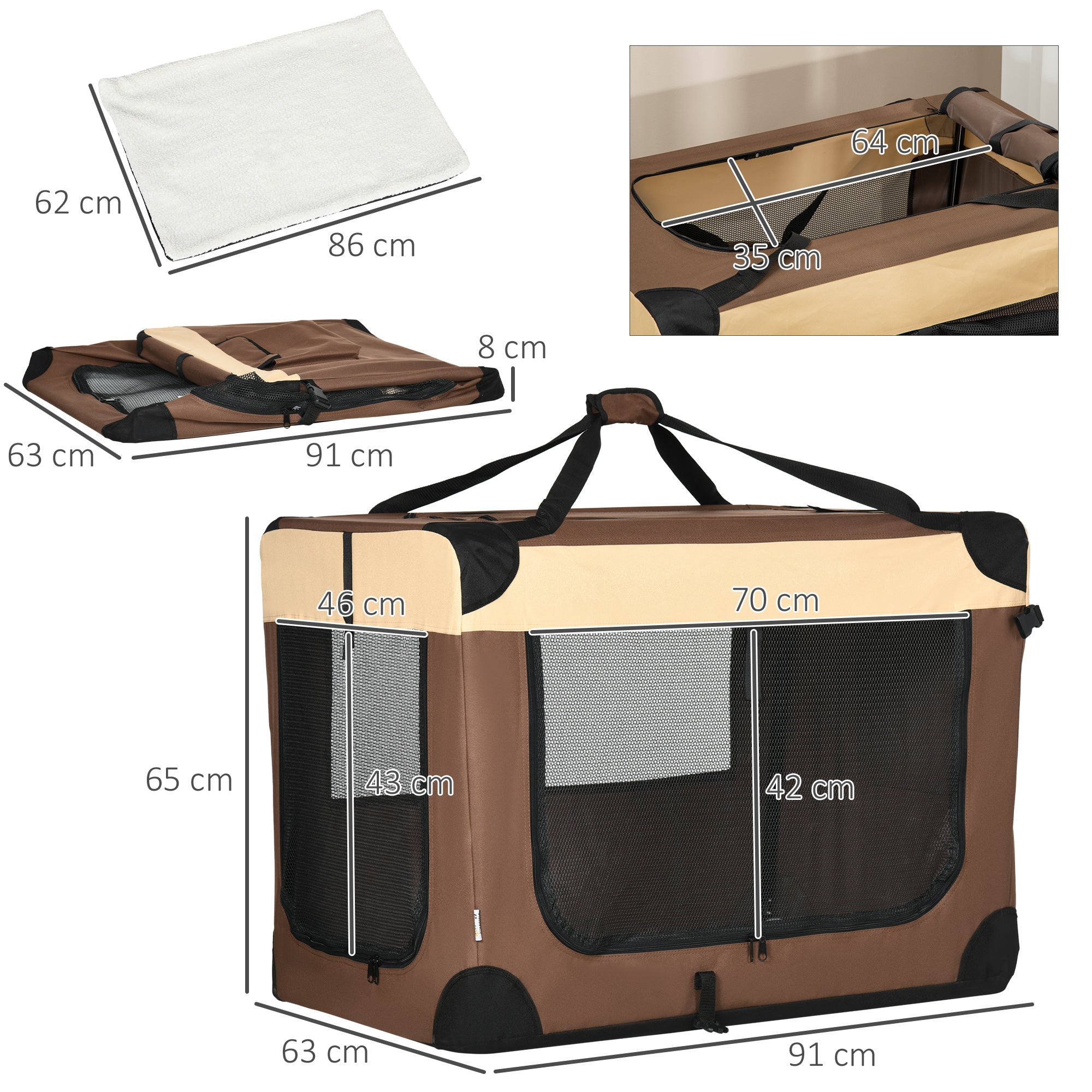 91cm Foldable Pet Carrier, with Cushion, for Medium Dogs and Cats - Brown