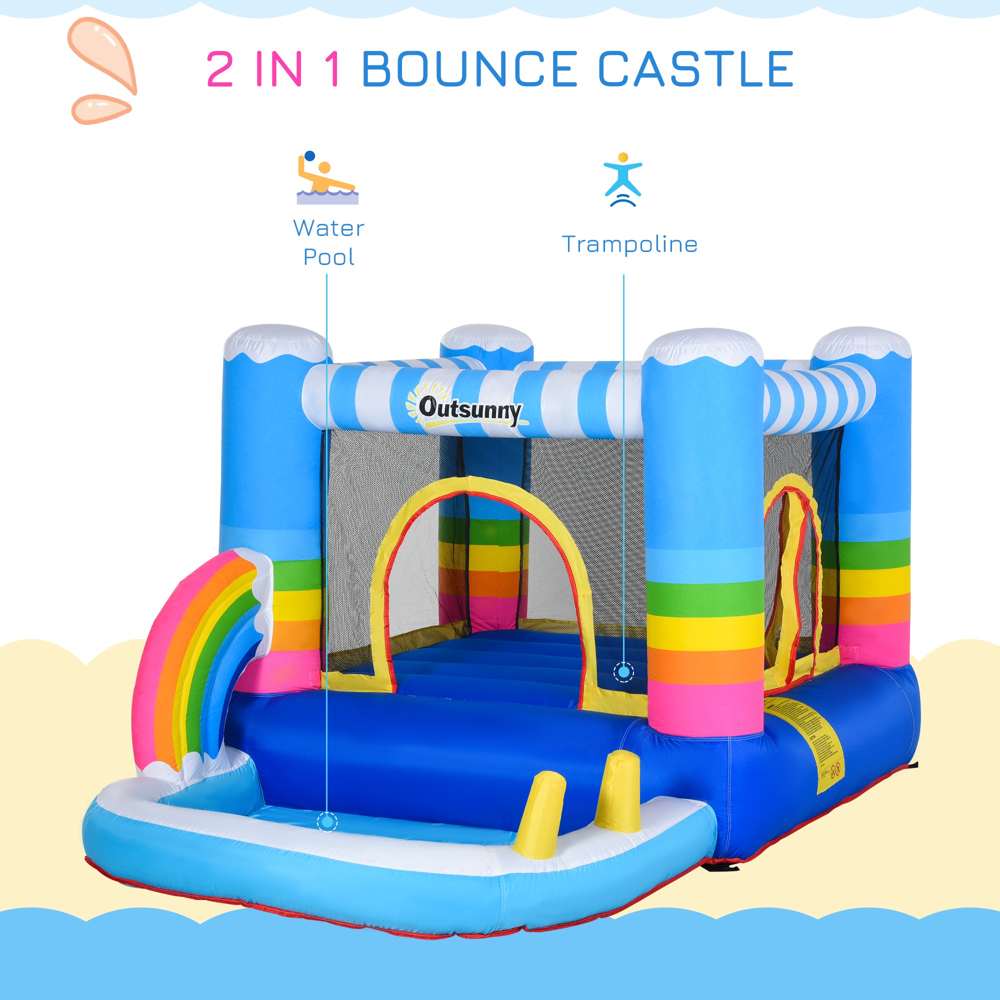 Kids Bouncy Castle House Inflatable Trampoline Water Pool 2 in 1 with Blower for Kids Age 3-12 Rainbow Design 2.9 x 2 x 1.55m